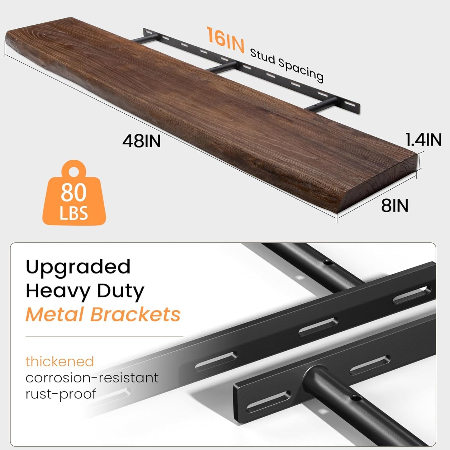 Wood Floating Shelves for Wall, 48 Inch Floating Shelves Wall Mounted, Rustic Live Edge Elm Wood Shelf for Home Decor, Heavy-Duty Storage Shelves for Books, Bathroom, Kitchen, Walnut Finish