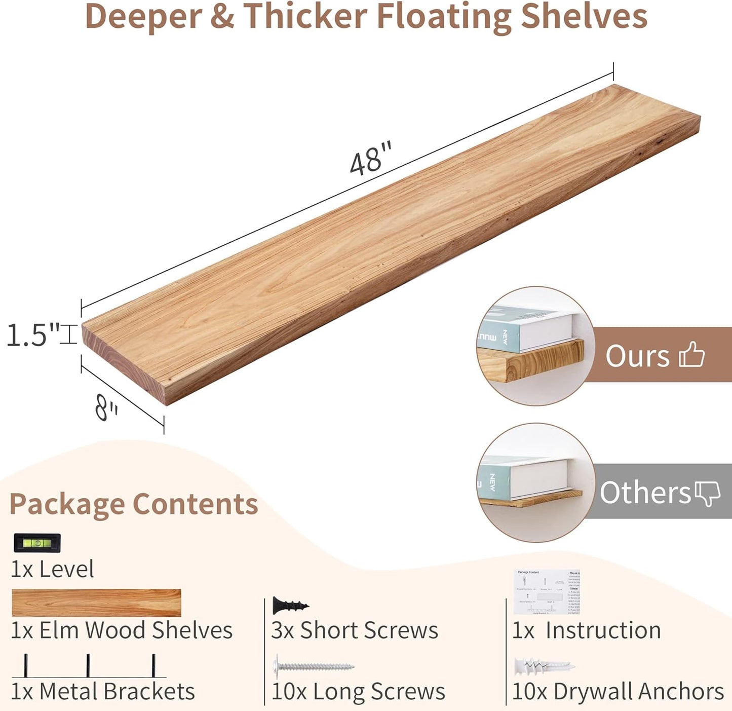 Axeman Rustic Elm Wood Floating Shelves for Wall, 48'' x 8" Deep Wall Shelf with Invisible Bracket, Large Long Wall Mounted Storage Shelves for Living Room, Bedroom, Kitchen, Bathroom Decor, Natural