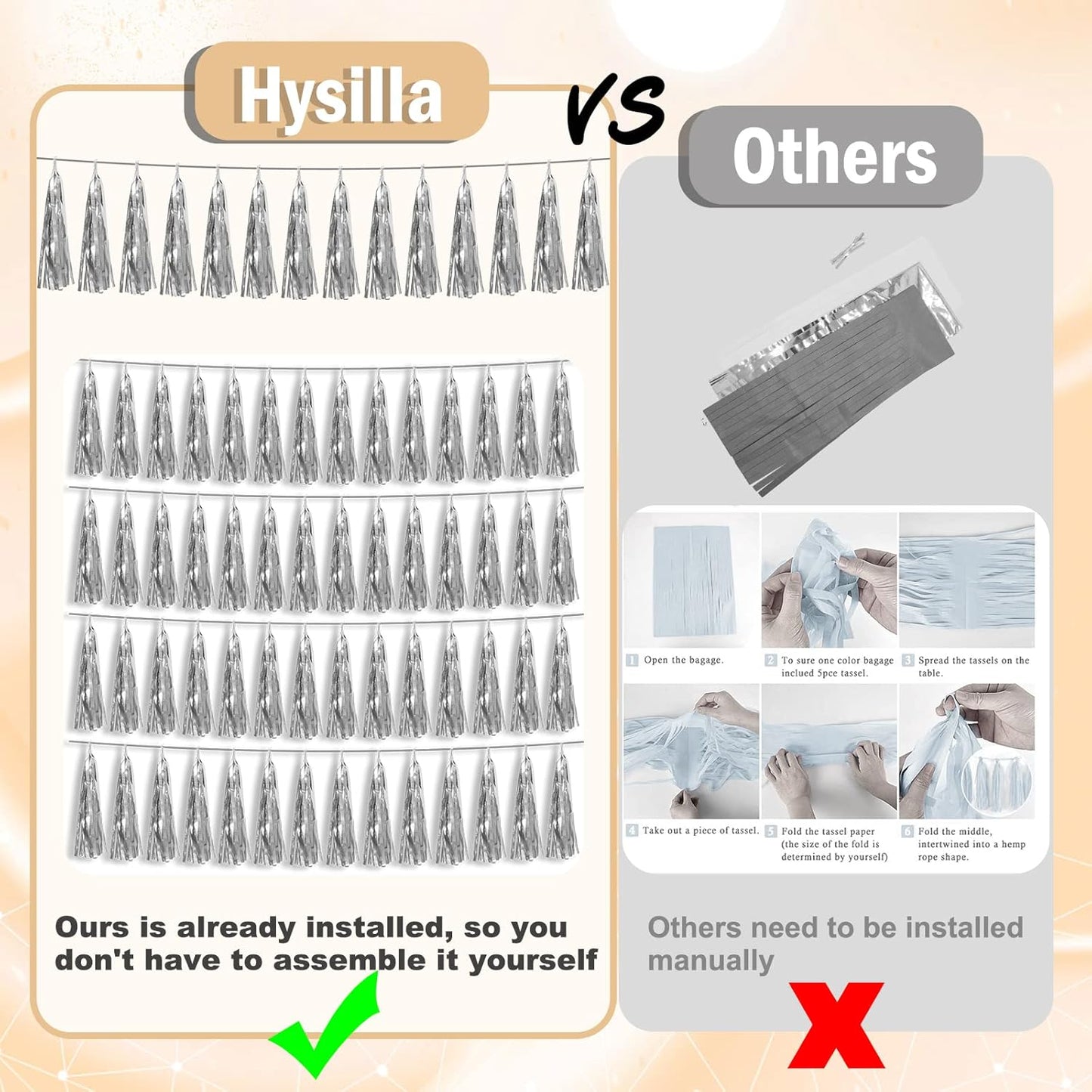 4P Silver Foil Fringe Metallic Tassel Streamers Banner Tassel Garland for Parade Floats, Bachelorette, Wedding, Birthday, Halloween, Christmas, Bridal/Baby Shower Party Decorations