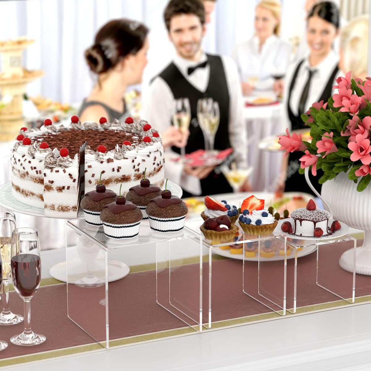 HIIMIEI Clear Acrylic Display Risers 2 Sets, 3-Tier Risers Stands Showcase for Amiibo Funko Pop Figures, Dessert, Jewelry-5"x6"x7"