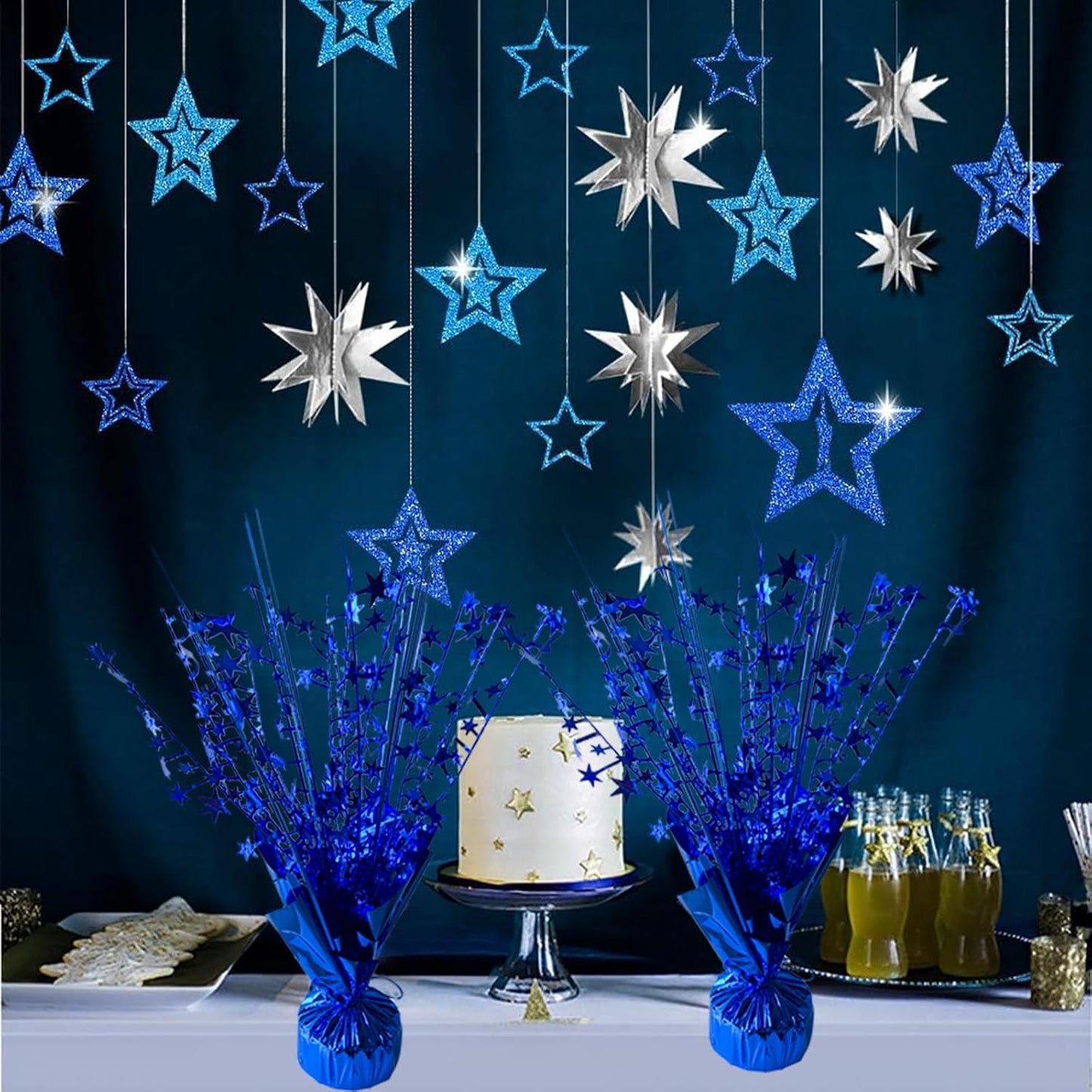 6 Pack Metallic Foil Spray Centerpiece Star Table Decoration Burst Table Centerpieces for Birthday Wedding Anniversary Graduation Holiday Party Supplies Decor, Blue