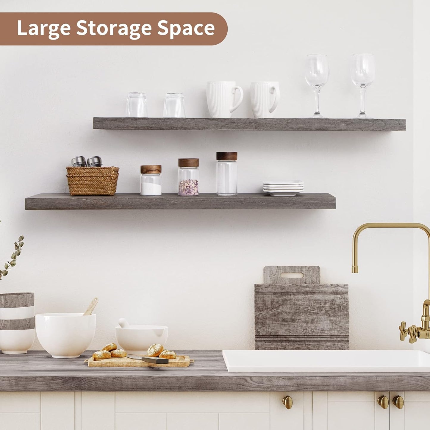 Axeman Floating Shelves for Wall, 8 Inch Deep Rustic Solid Elm Wood Wall Shelves for Storage, Wall Mounted Display Shelving with Invisible Heavy-Duty Metal Bracket, 36'' Width Set of 2, Grey