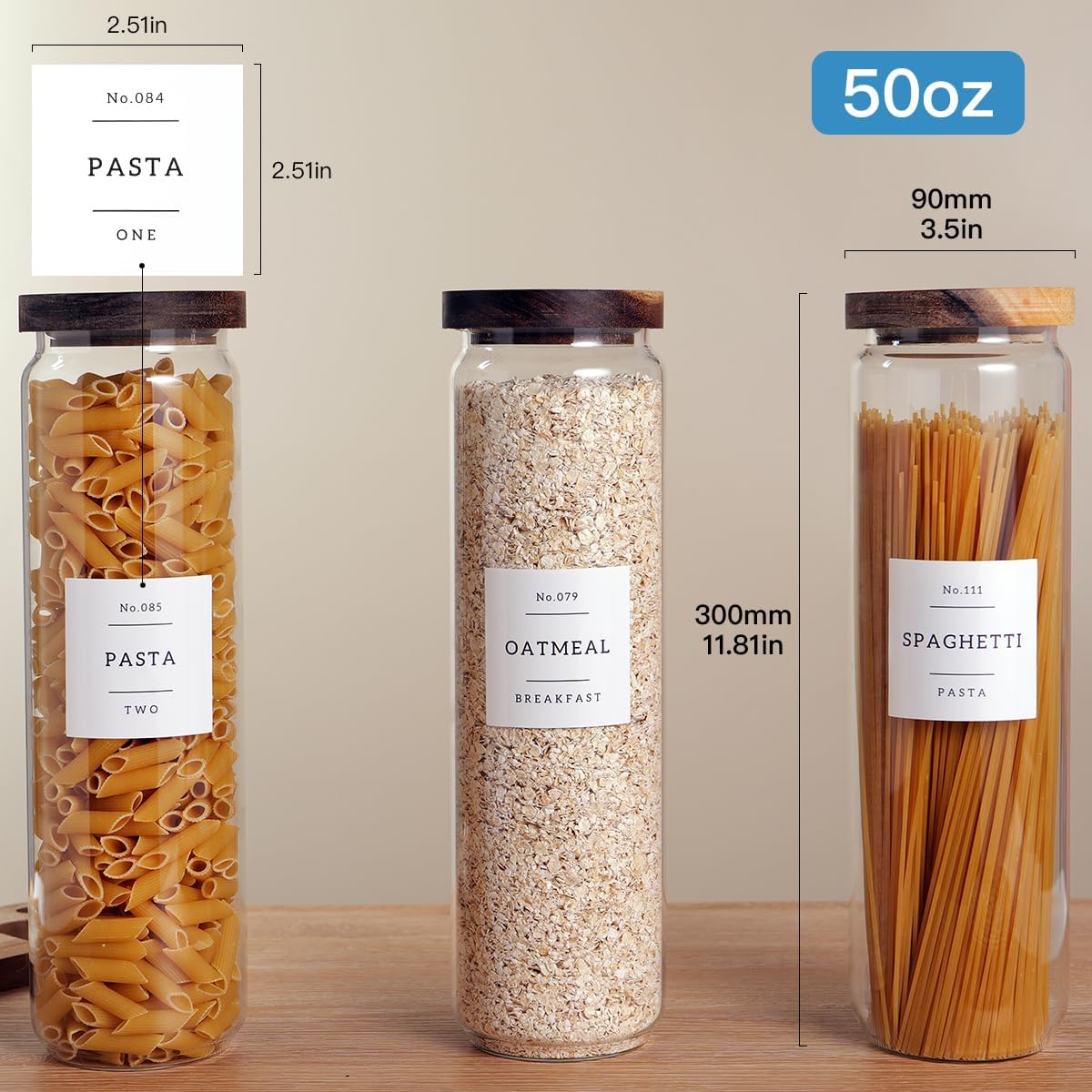 3 Set Glass Pantry Storage Jars with Acacia Airtight Lid - 50oz Thicken Glass Kitchen Canisters with 132 Pantry Labels - Tall Food Storage Containers with Wood Lid for Pasta,Spaghetti,Cereal