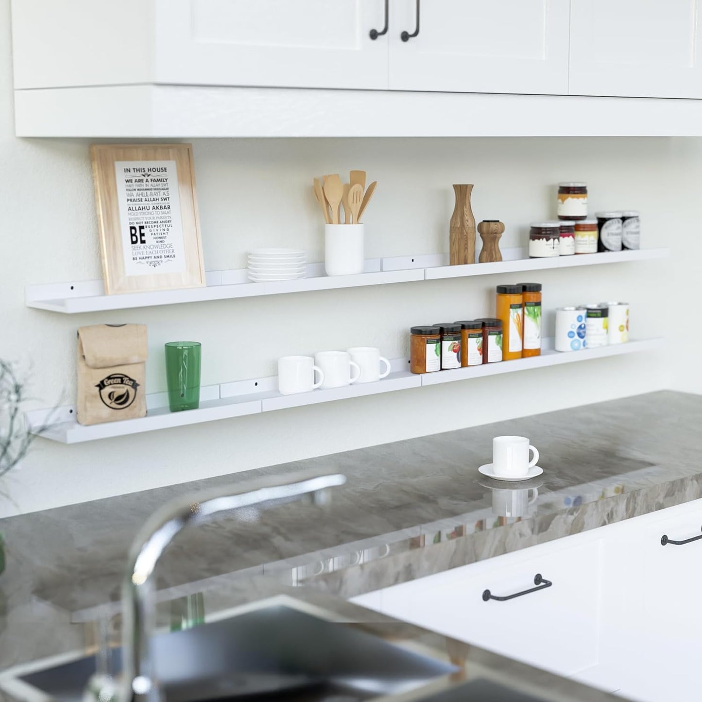 RICHER HOUSE 8 Set Floating Wall Mounted Shelves, Nursery Hanging Book Shelves with Lip for Storage, White Display Picture Ledge Shelf for Bedroom Bathroom Kitchen Living Room Wall Decor, Modern White