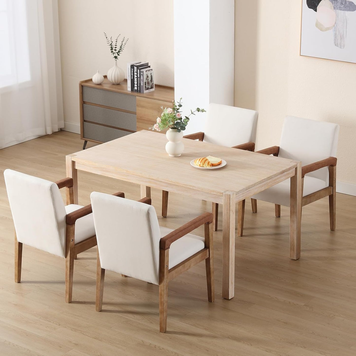 Kmax Modern Dining Chairs Set of 6 Linen Fabric Kitchen Arm Chairs Upholstered Accent Chairs with Wooden Legs for Dining Room, Living Room, Bedroom, White