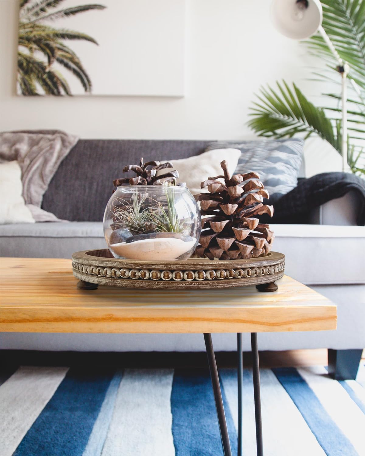 12 Inches Rustic Wooden Decorative Tray, Small Round Beaded Wood Tray for Kitchen Dinning Table Centerpiece Decor Entryway Living Room Home Decor, Brown