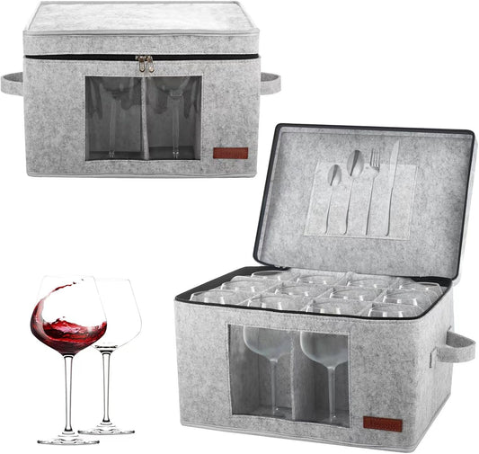 2 Pack Wine Glass Storage Box with Dividers, Stemware Storage Containers for Packing and Moving, China Storage Containers Box for 12 Crystal Glassware, Wine Glasses, Drinkware,Light Gray