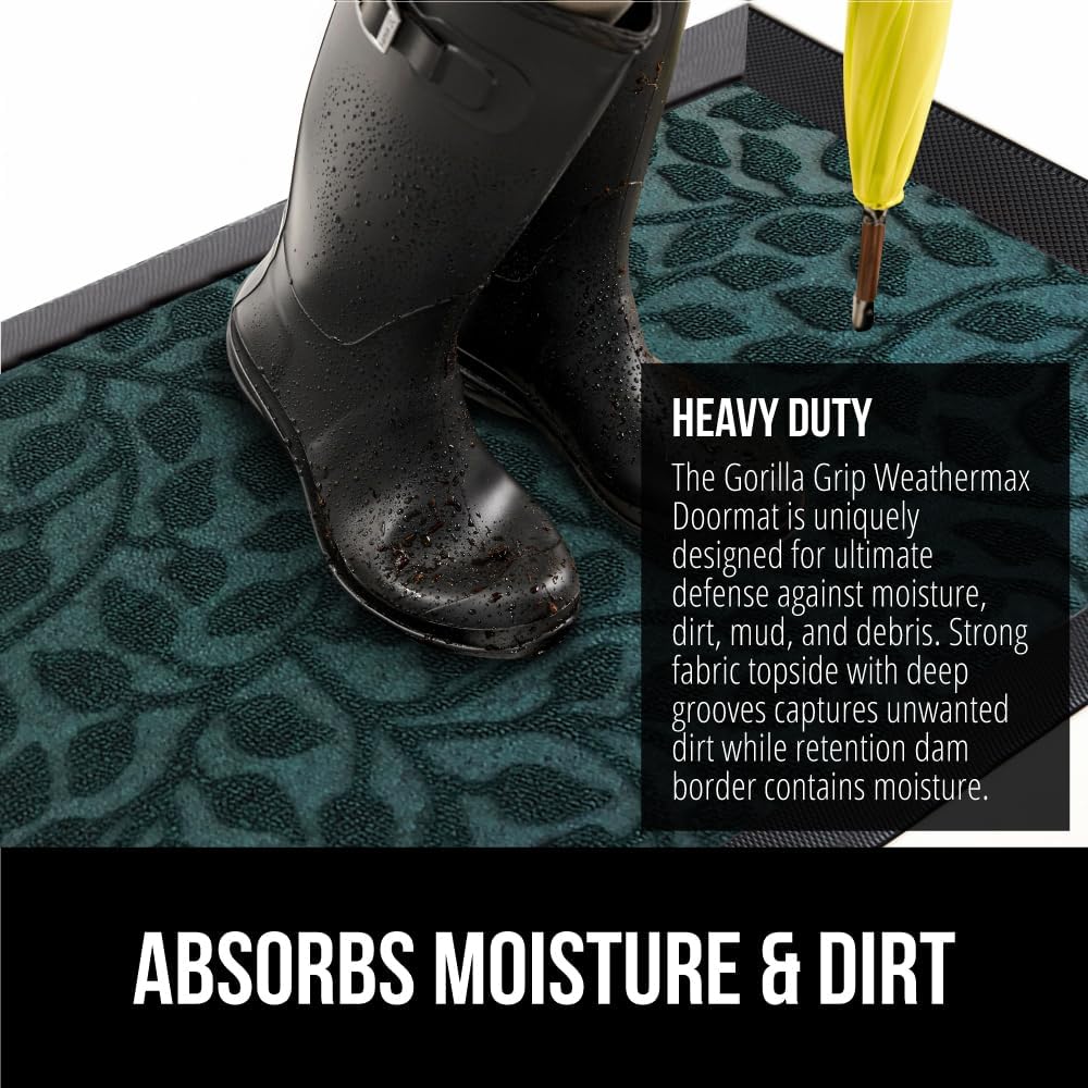 GORILLA GRIP 100% Waterproof All-Season WeatherMax Doormat, US Designed Natural Rubber, Stain and Fade Resistant, Low Profile Indoor Outdoor Door Mats, Easy Clean Patio Mat, 17x29, Moss Vine Leaves