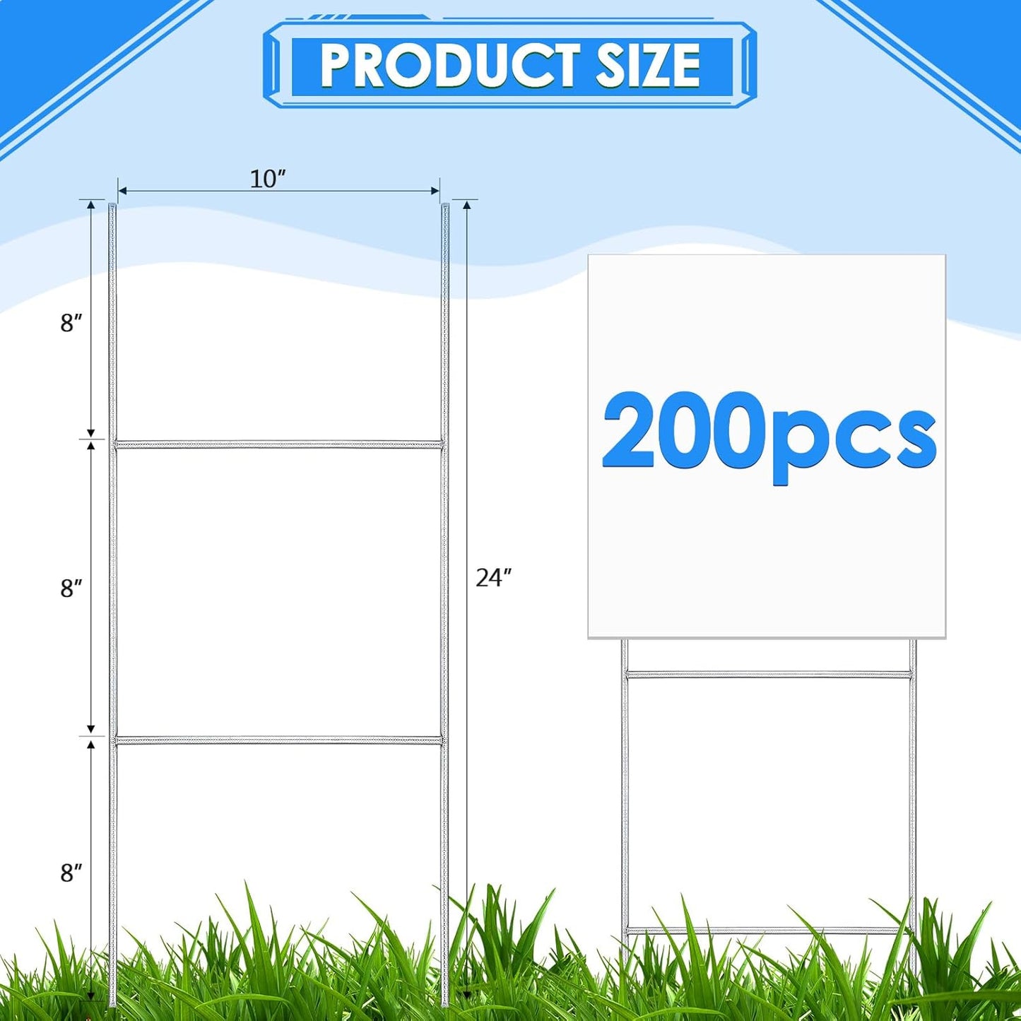 200 Pcs H Stakes for Yard Signs 24'' x 10'' Metal Heavy Duty H Frame Lawn Wire Stakes Weatherproof Metal Sign Holder Bulk for 4mm 5mm Corrugated Signs Board Guidepost Yard House Garden Decor