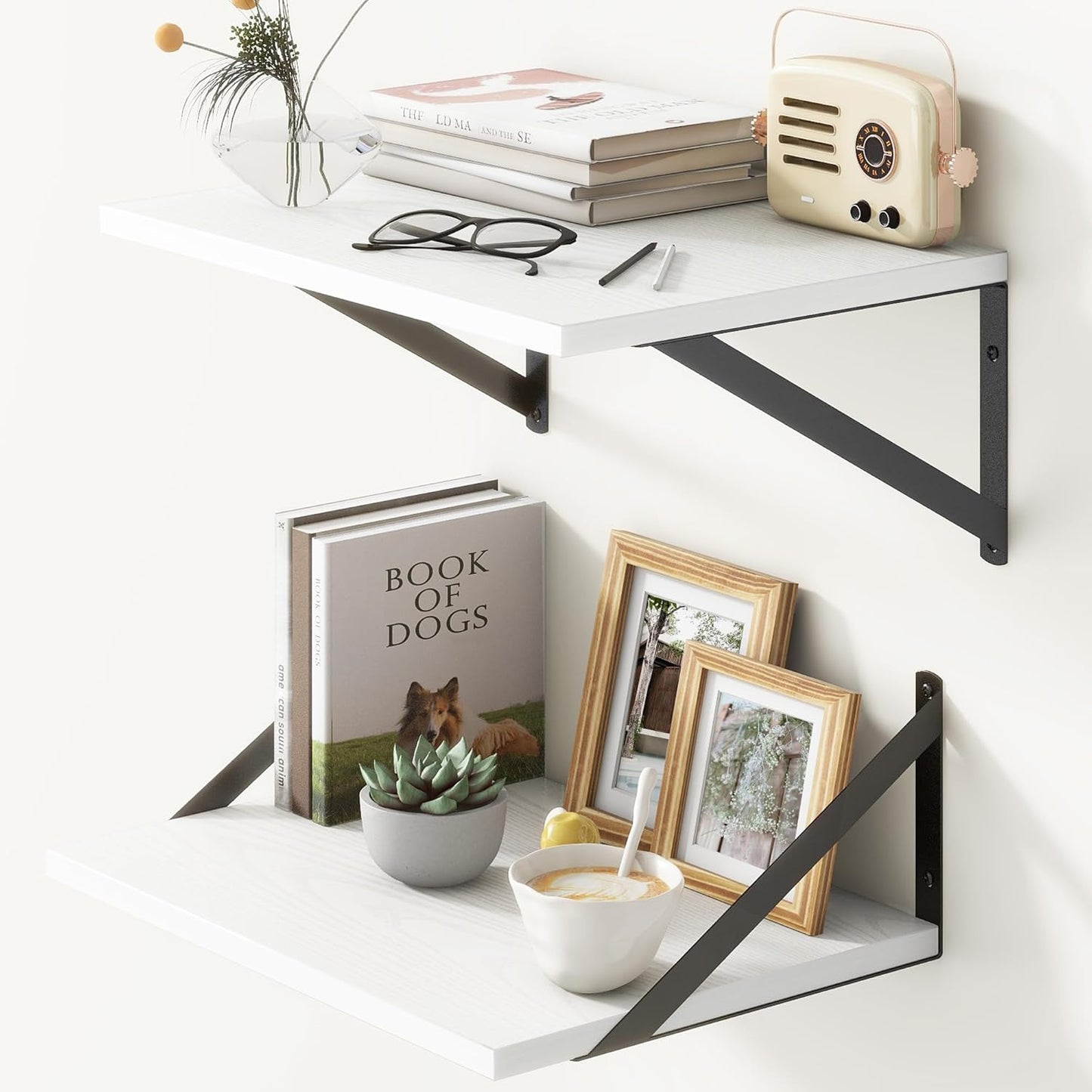 Fun Memories Floating Shelves Set of 2, 16" W x 12" D, White Ledges for Bedroom, Bathroom, 12" Deep Bookshelf Wall Mounted