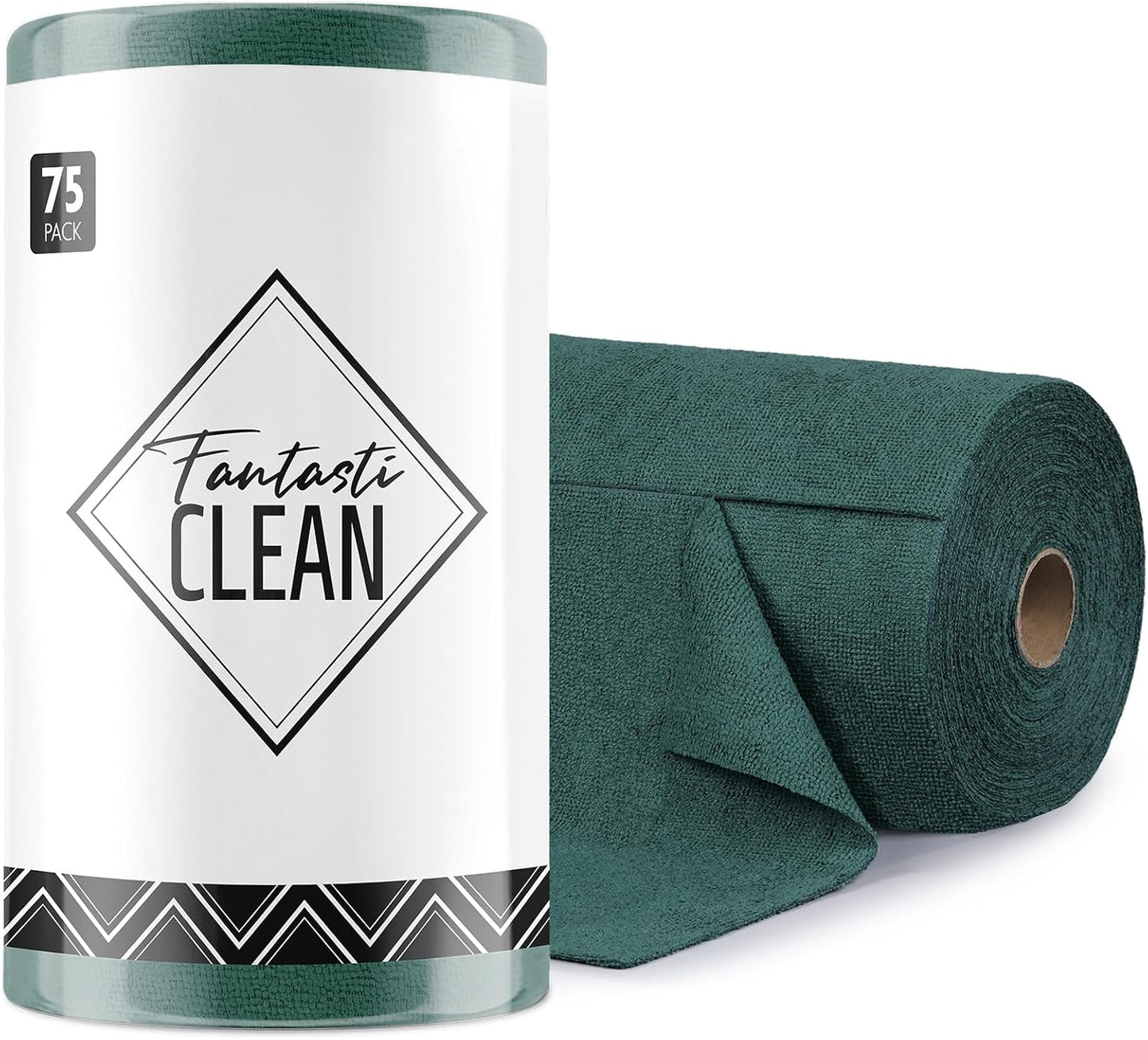 Fantasticlean Microfiber Cleaning Cloth Roll -75 Pack, Tear Away Microfiber Towels, 12" x 12", Reusable, Washable, Scratch Free, Ultra Absorbent Dish Rags for Car, Home, Garage or Shop (Forest Green)