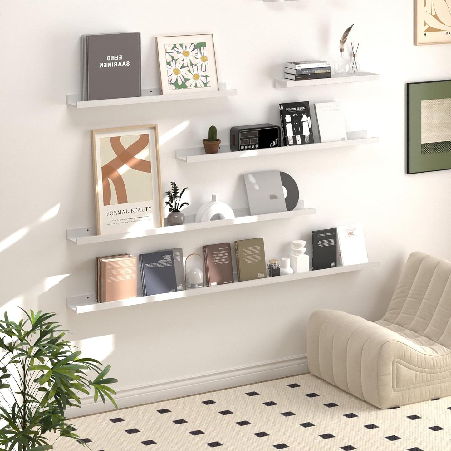 SAUMONIERES Picture Ledge Shelf Floating Book Shelves Set of 2 Wall Mounted Solid Wood for Bedroom Bathroom Living Room Kitchen, 48 Inch White