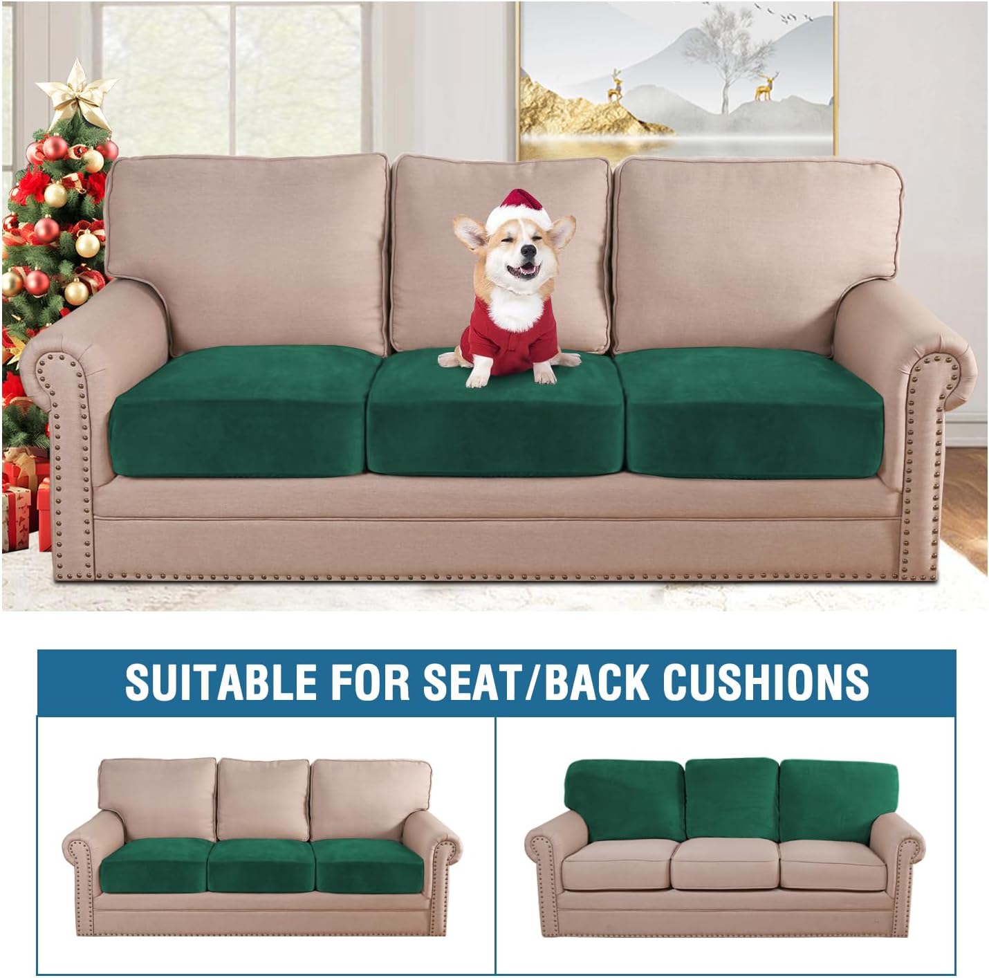 H.VERSAILTEX Velvet Stretch Couch Cushion Cover Plush Cushion Slipcover Cushion Furniture Protector Seat Cushion Sofa Cover (3 Piece XL Sofa Cushion Covers, Vintage Green)