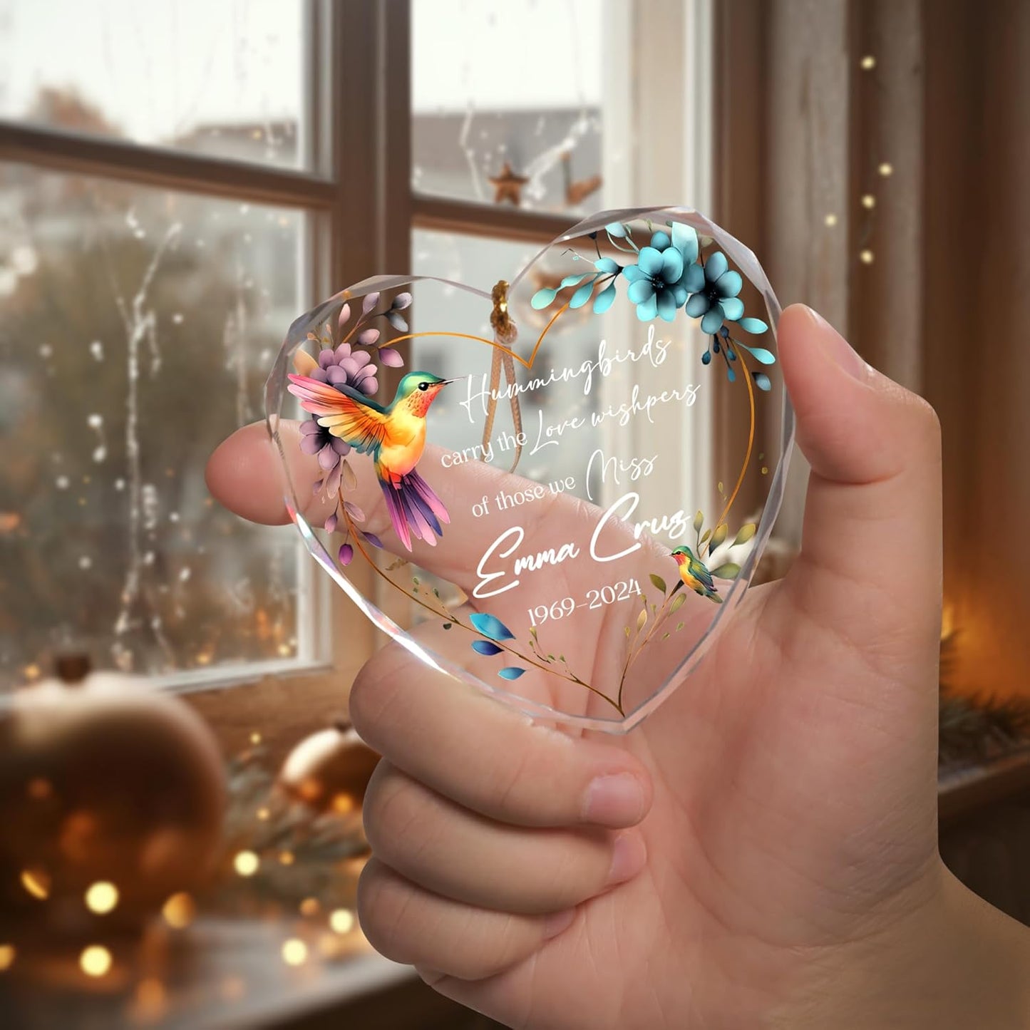 Personalized Memorial Hummingbird Glass Ornament – Custom Photo, Name, Birth Year & Passing Year – in Loving Memory – Memorial Gift for Loss of Loved One 2024