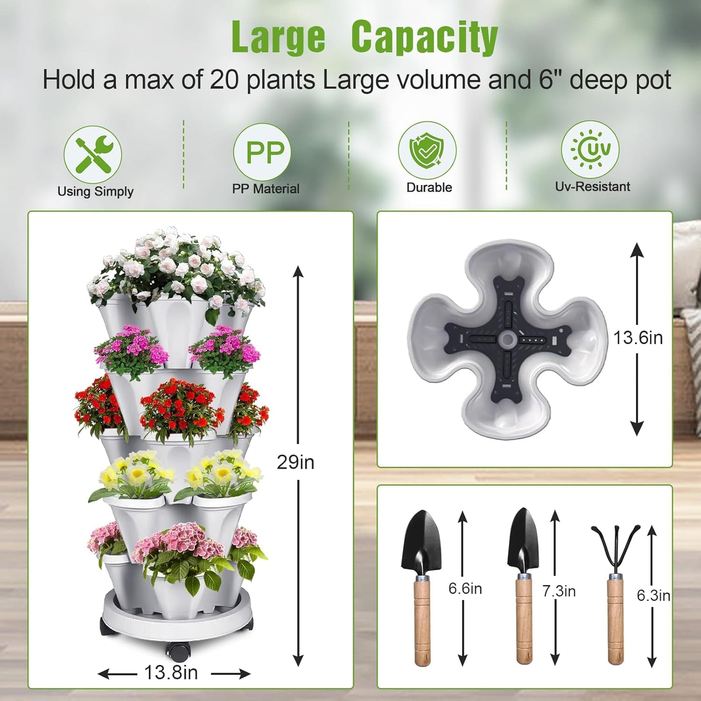 5 Tier Vertical Strawberry Planter-Tower Stackable Herb Planters-Stacking Garden Outdoor Planter Pot With Tools Mover For Flowers, Vegetables and Succulents