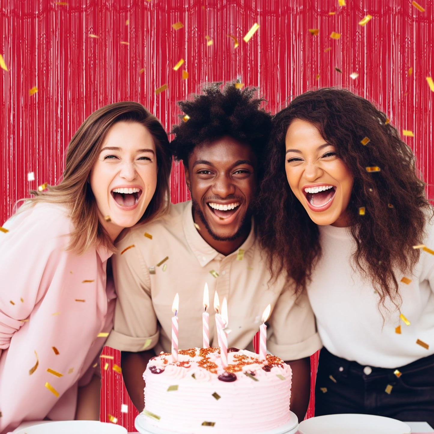 3 Pack Foil Fringe Backdrop - Pastel Red Shiny Tinsel Curtains for Party Decoration/Photo Booth Props - 3.3x8.2 FT Metallic Foil Backdrop for Birthday, Wedding, Graduation, Christmas.