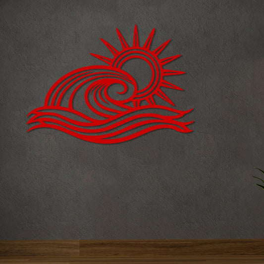 Wita Home Ocean Wave Metal Wall Art, Sun Beach Decor, Coastal Large Wall Sculpture for Home, Indoor/Outdoor Use, Nautical Wall Hanging, Eye-Catching Addition to Living Room (Red, 24 x 14 inches)