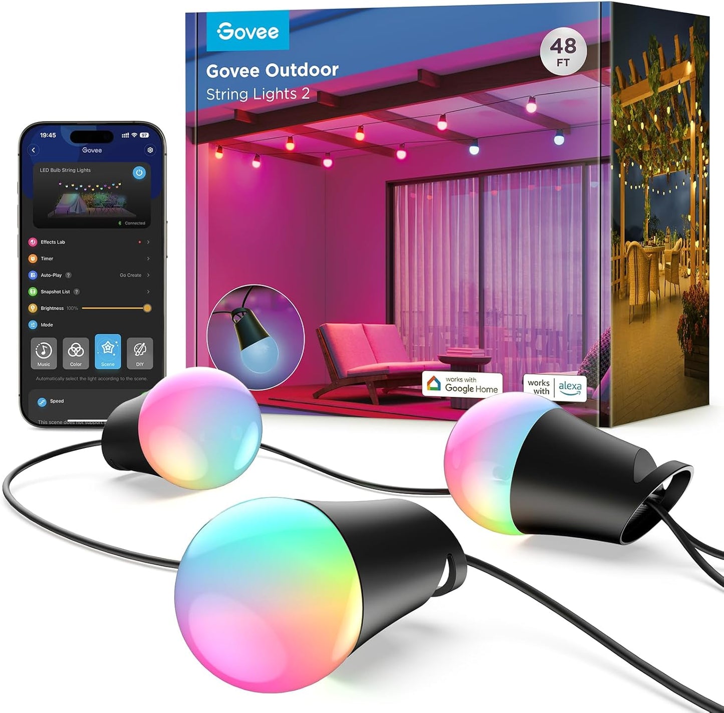 Govee Smart Outdoor String Lights 2, 48ft Outdoor Lights with Dimmable Warm White LED Bulbs, 47 Scene Modes for Patio, Backyard, Balcony, IP65 Waterproof, Works with Alexa, App Control