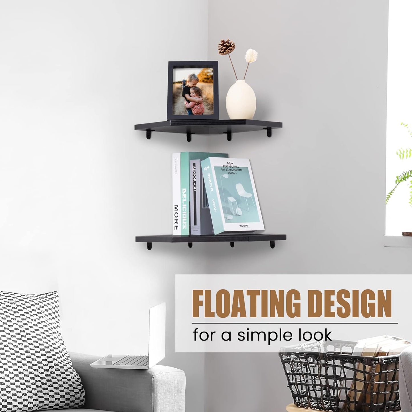 Corner Shelf Wall Mount, Floating Corner Shelves, Set of 2 Corner Wall Shelf Organizer, Rustic Wood Wall Storage Display Shelves for Living Room Bedroom Bathroom Kitchen, Classic Black