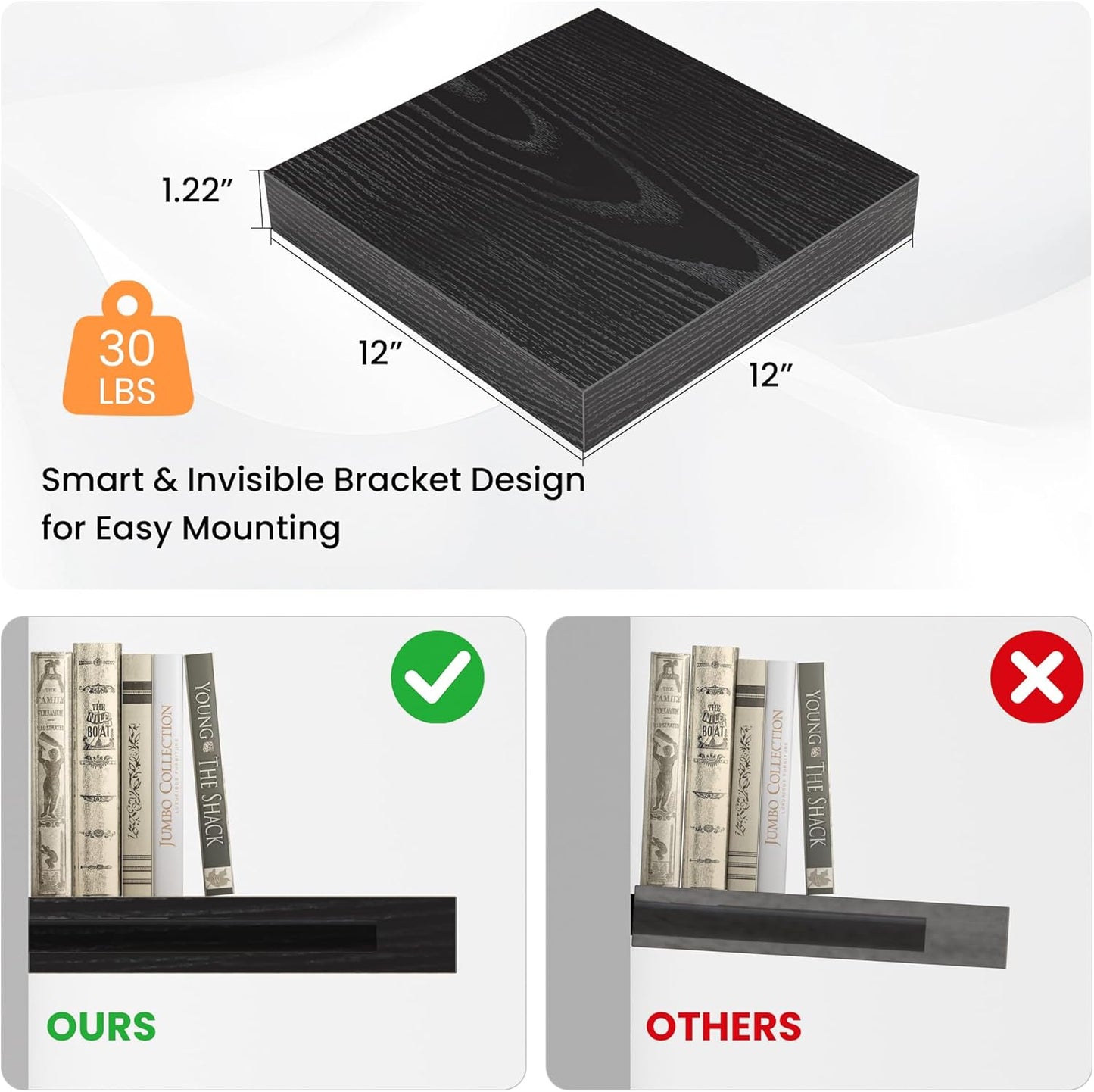 Square Floating Shelves for Wall, 12" W x 12" D x 1.2" H, Small Wooden Wall Mounted Display Shelves with Invisible Brackets for Living Room, Bedroom, Bathroom, Kitchen Decor, Set of 3, Black