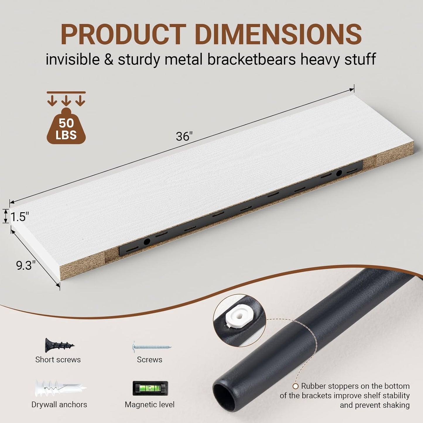 Heimlove Floating Shelves for Wall 36 Inches Long,9.3" Deep White Floating Shelf Set of 2,Wall Mounted Shelves for Bathroom Bedroom Living Room Kitchen Office,Shelf for Books Storage,Home Decor