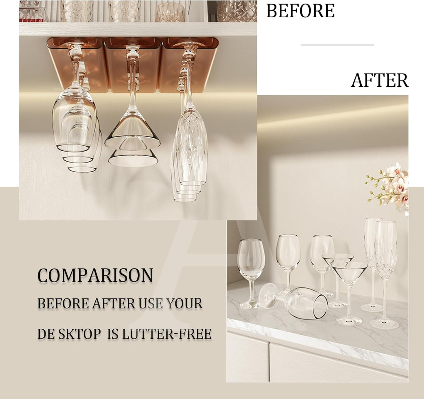 4Pack Wine Glass Rack, Punch-free Under Cabinet Stemware Rack for Kitchen and Bar (Amber)