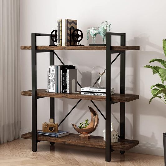 3 Tier Bookshelf Modern Rustic Open Bookshelf Office Solid Wood Bookcase and Book Shelves Wood and Metal Shelving Unit,Distressed Brown (AY-02-3Tier)