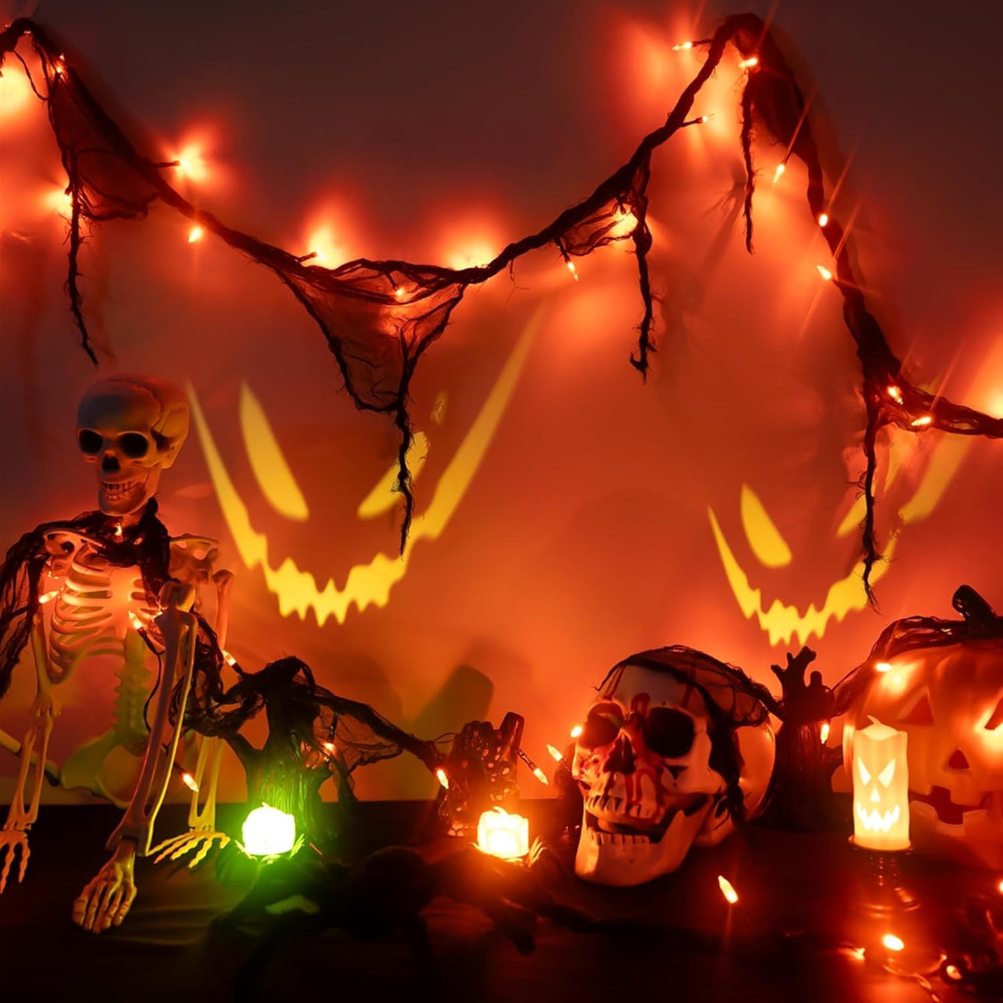 Halloween Horror Atmosphere Lights, Orange&Purple LED String Lights with 9.9FT Creepy Black Gauze, Battery Powered with Timer & 8 Flashing Modes (2 Pack Orange)