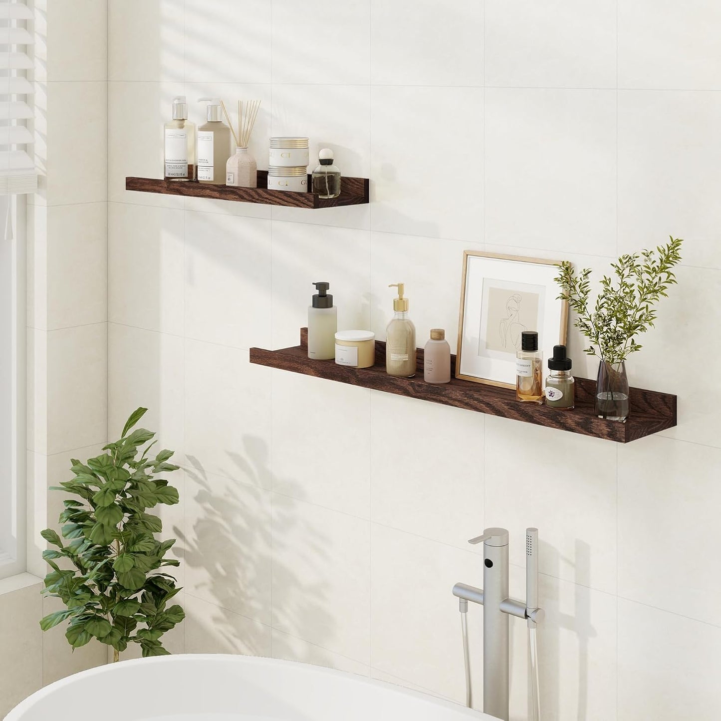 Floating Picture Ledge Shelves 36 Inch Solid Oak Wood Set of 2, Rustic Wall Storage Shelves with Lip, Kids Bookshelf, Photo & Picture Ledge Shelves for Bedroom, Living Room, Kitchen