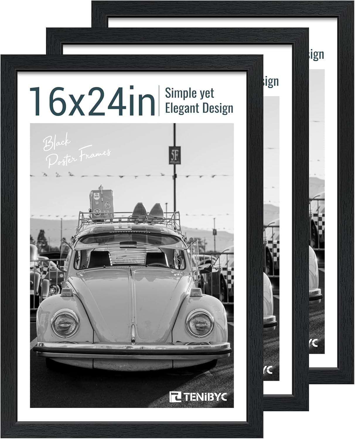 16x24 Poster Frame 3 Pack - Black, Textured Solid Wood Picture Frame, Wall Gallery Photo Frame