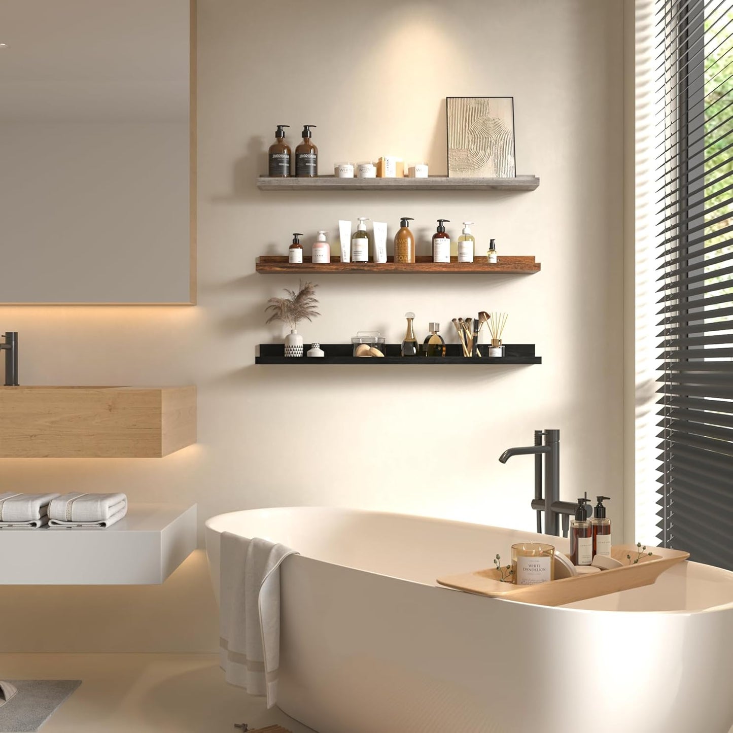 Giftgarden 36 Inch Multi Colors Floating Shelves for Wall Mount, Assorted Colors Wood Wall Shelf Ledge for Bathroom Bedroom Living Room Kitchen Storage, Set of 3 Different Sizes