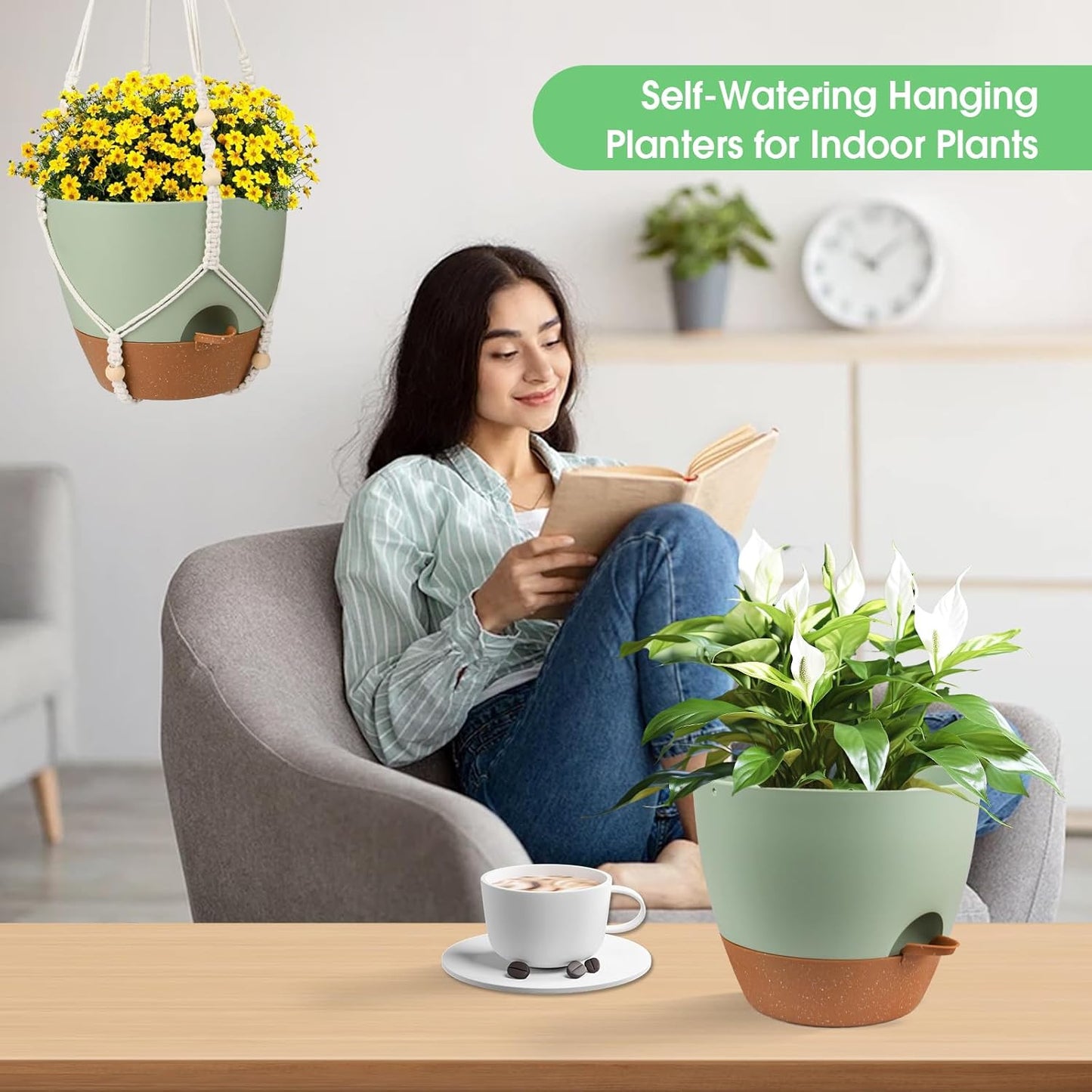 Hanging Planters for Indoor Outdoor Plants, 2 Pack Self Watering Hanging Pot with Drainage Holes, Removable Tray & 2 Kinds of Plant Hangers, 10'' Hanging Flower Pots for Home Garden Decor, Green