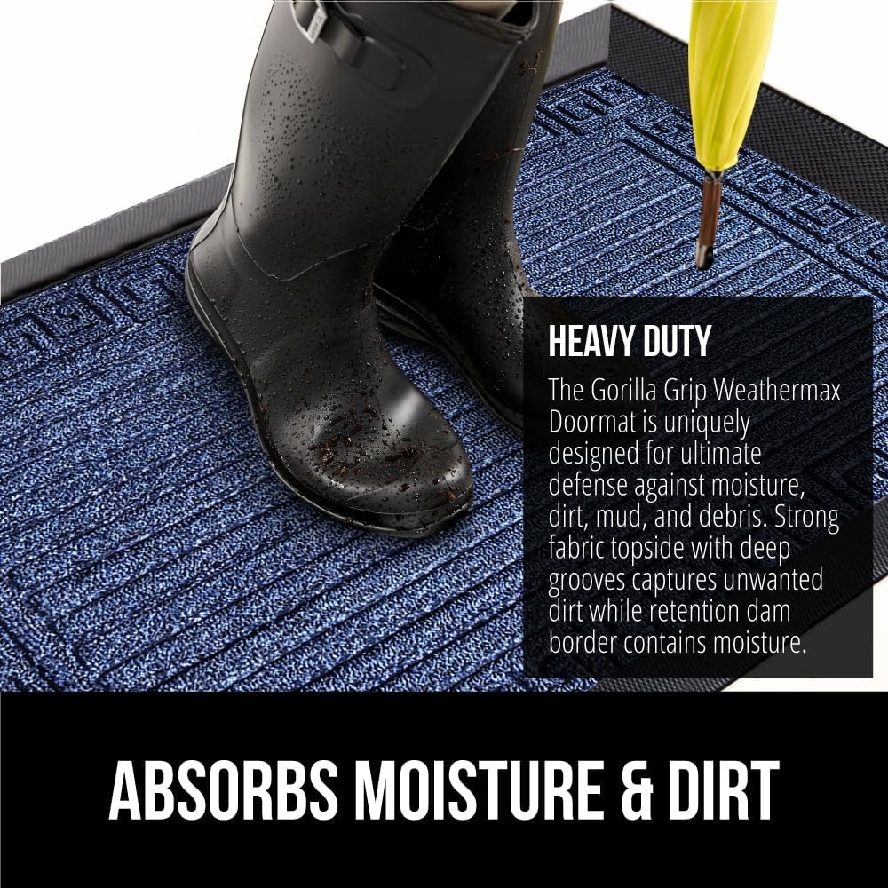 GORILLA GRIP 100% Waterproof All-Season WeatherMax Doormat 35x23, US Designed Natural Rubber, Stain and Fade Resistant, Low Profile Indoor Outdoor Door Mats, Easy Clean Patio Mat, Navy Greek Keys