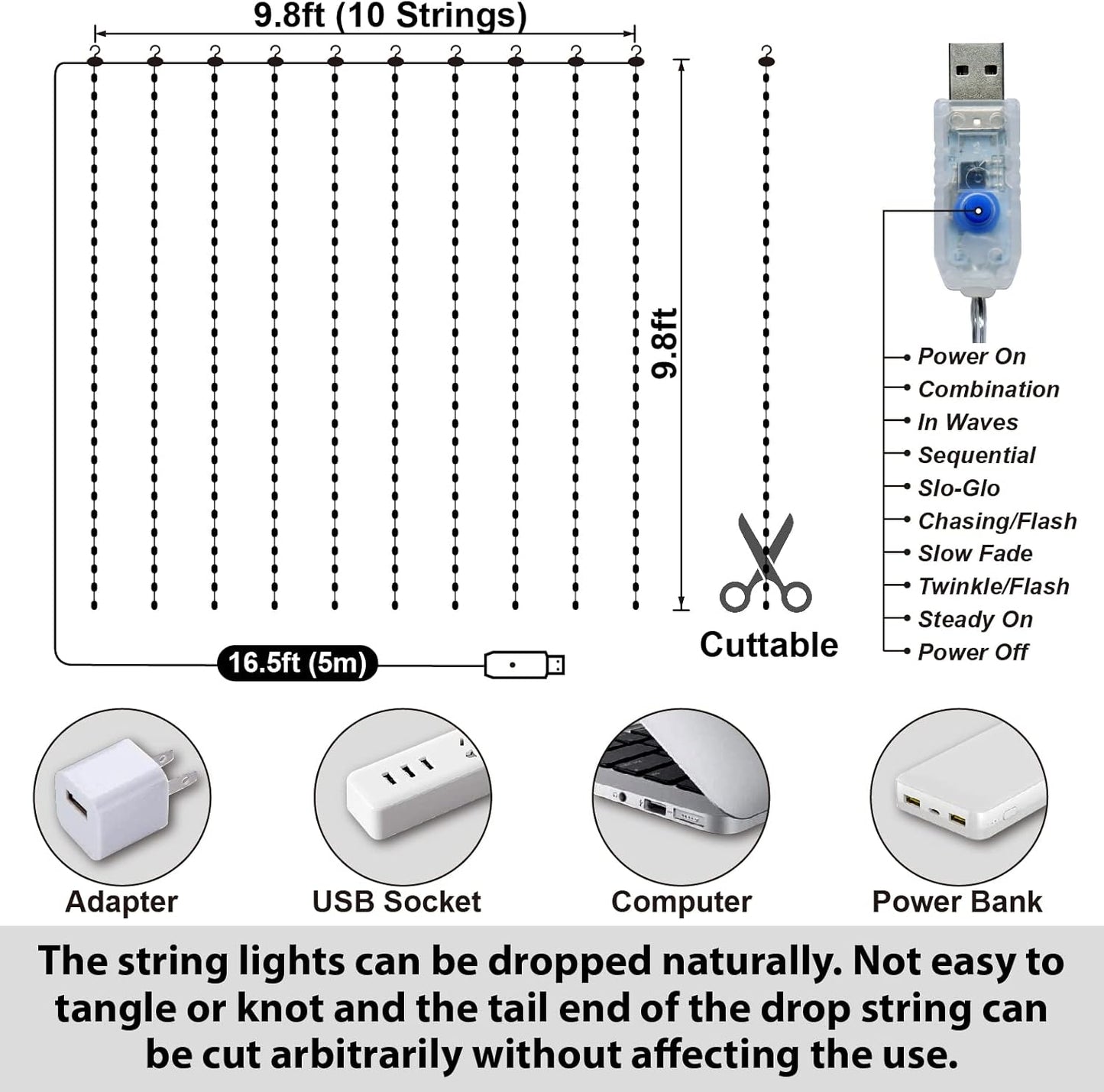 HXWEIYE 300LED White Fairy Curtain Lights for Bedroom, 3mx3m 8 Modes USB Plug in Window Christmas Led String Hanging Lights with Remote for Backdrop Wedding Party Home Garden Outdoor Indoor