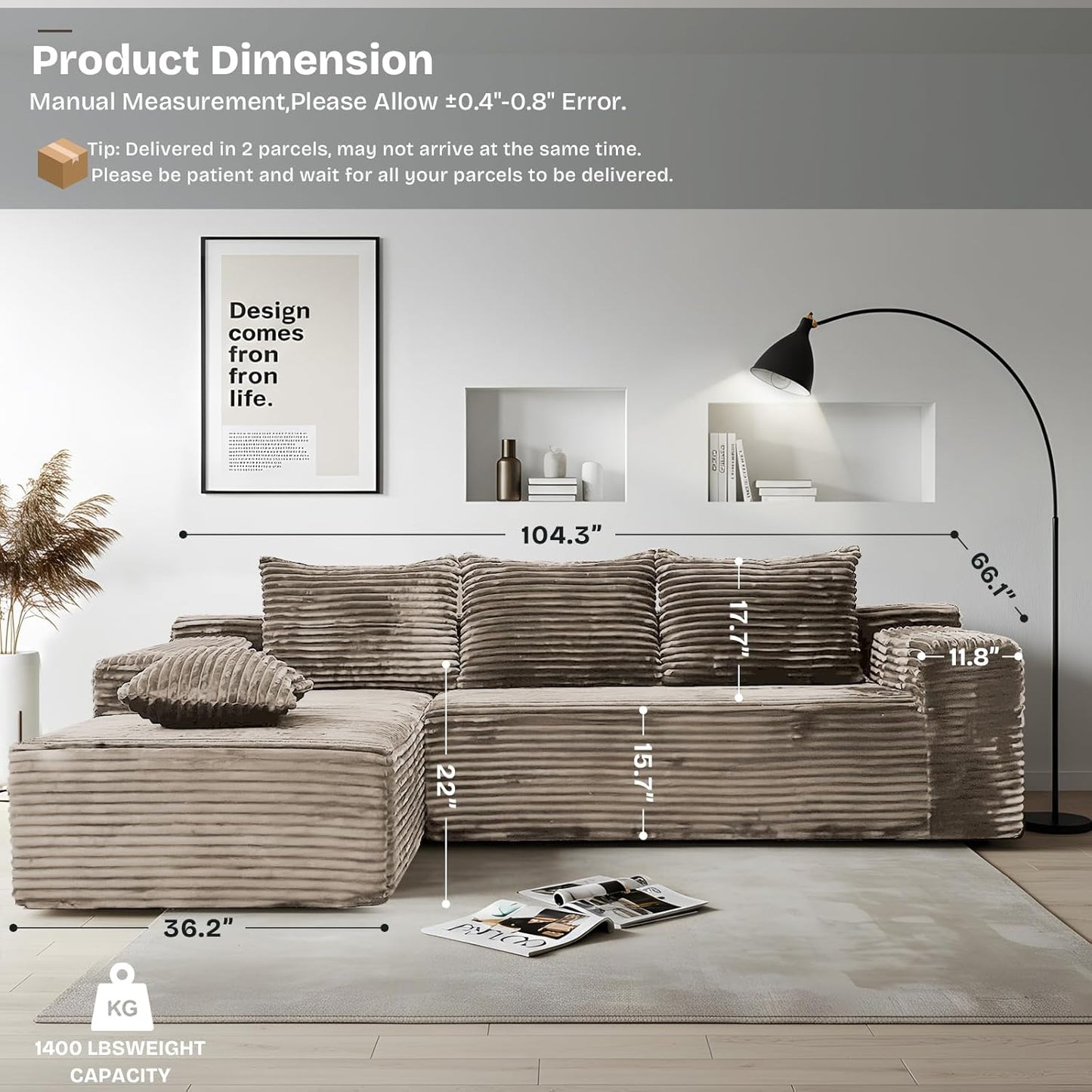 104" Modern Modular L-Shape Sofa Couch with Chaise Light Coffee Faux Rabbit Fur Cloud Sectional Couch with Deep Seat Modular Sectional Sofa No Assembly Required Upholstered Couches for Living Room