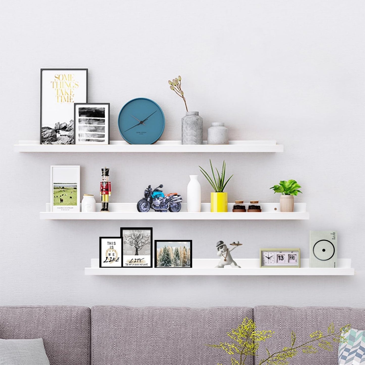 AZSKY 48 Inch White Large Picture Ledges Wood Photo Display Shelf Long Shallow Picture Shelf for Pictures with Lip Wall Mounted Set of 3 for Living Room Bedroom Bathroom Kitchen Same Sizes