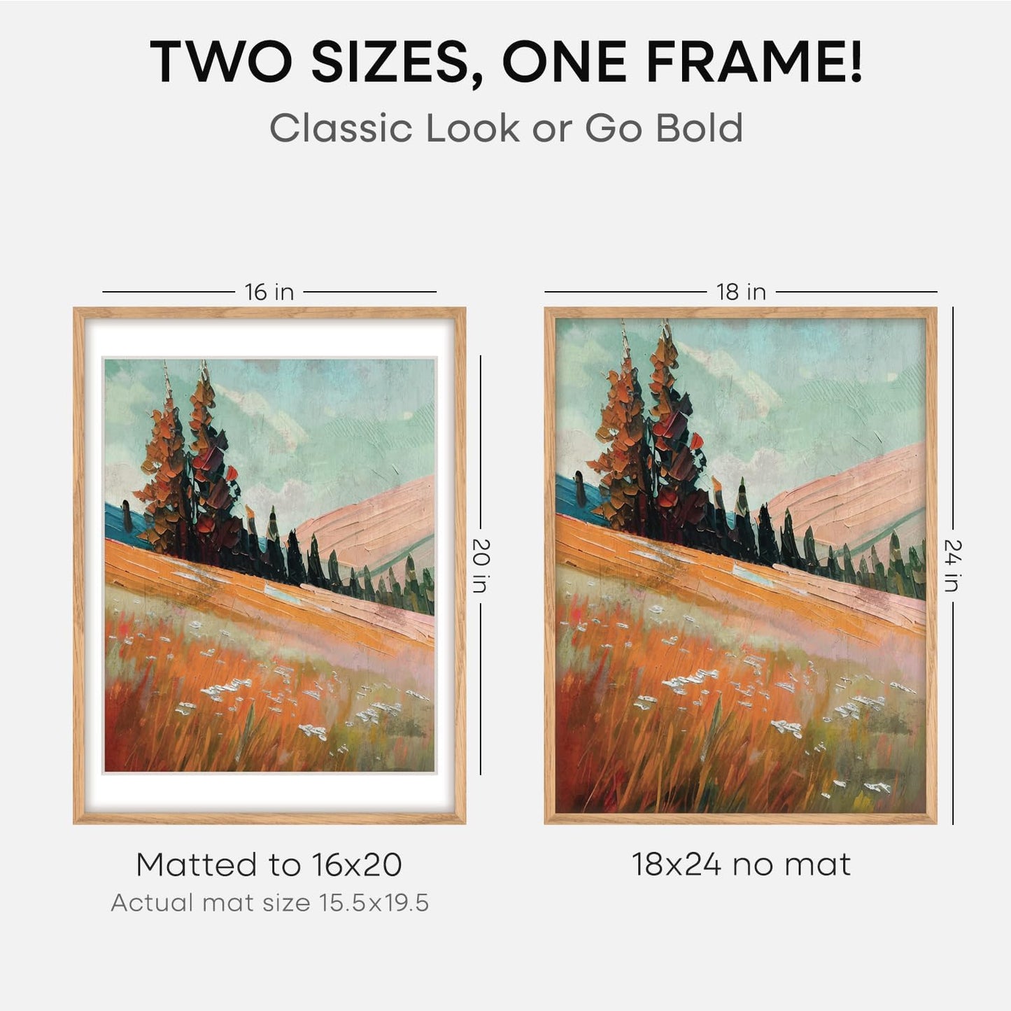 Homeforia 18x24 Poster Frame Wood, High End Natural Oak 18x24 Light Wooden Picture Frame with Mat 16x20, 18 by 24 Frames Matted to 16 x 20 Photo, 24by18 Thin Frames, Tempered Glass, Wall Kit, Set of 1