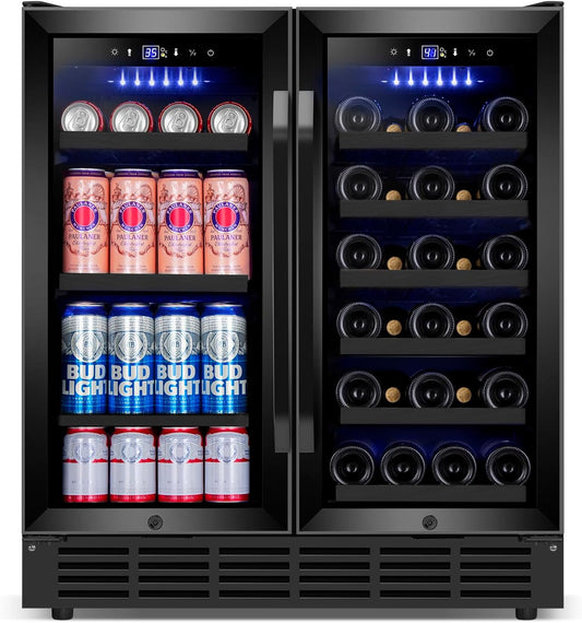 30'' Wine and Beverage Refrigerator, Upgrade Dual Zone Wine Cooler, 30 Inch Wine beverage Fridge Built in or Freestanding Under Counter Large Capacity Glass Door Advanced Cooling System,Black