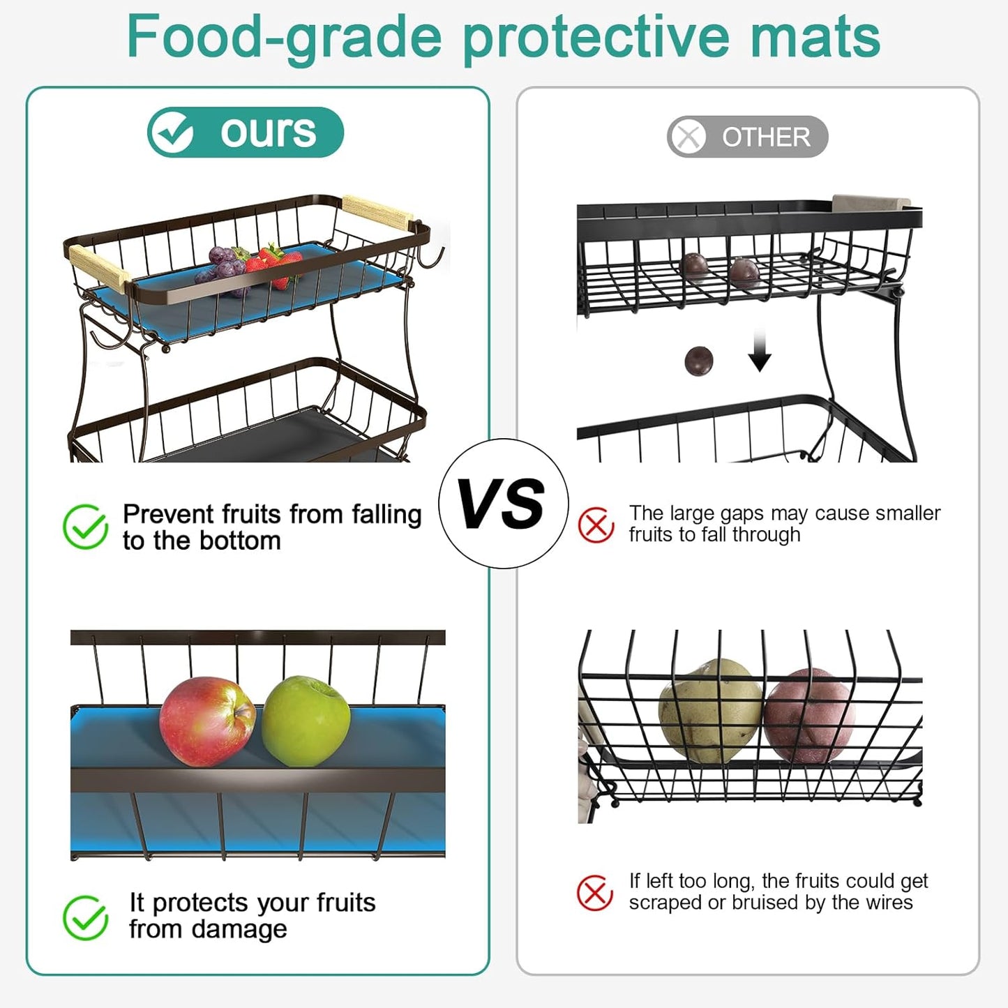 2 Tier Fruit Basket for Kitchen Counter with 2 Banana Hangers, 2025 Pro Detachable Metal Fruit Bowl with Wooden Handle,Fruit Holder for Bread Snack Veggies, Brown