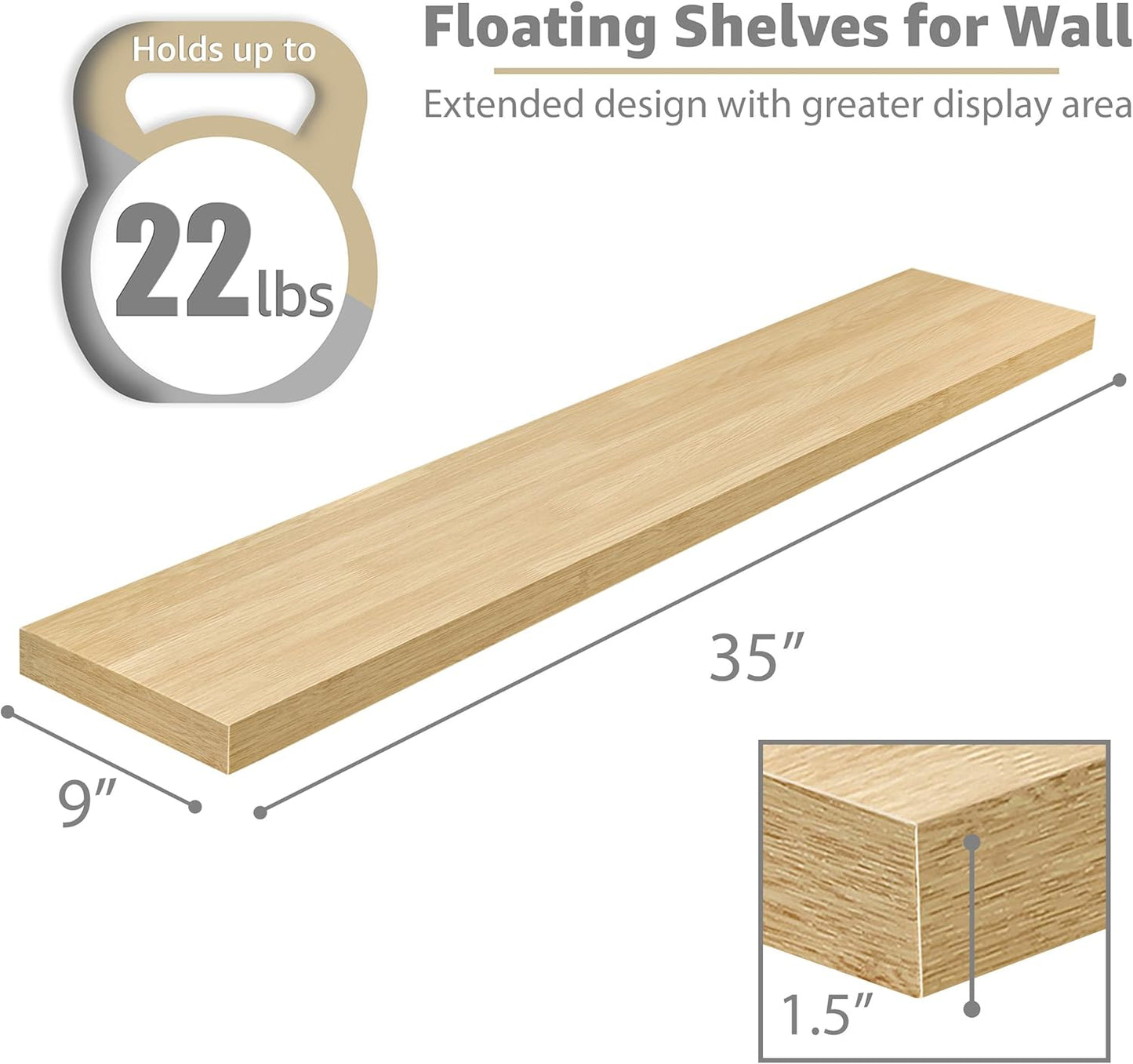 Sorbus Floating Shelves for Wall - 35 Inch Long Bathroom Shelves, Wall Decor for Bedroom, Kitchen, Living Room & Book Storage - Mounted Floating Shelf with Invisible Brackets (Maple Wood, 2 Pack)