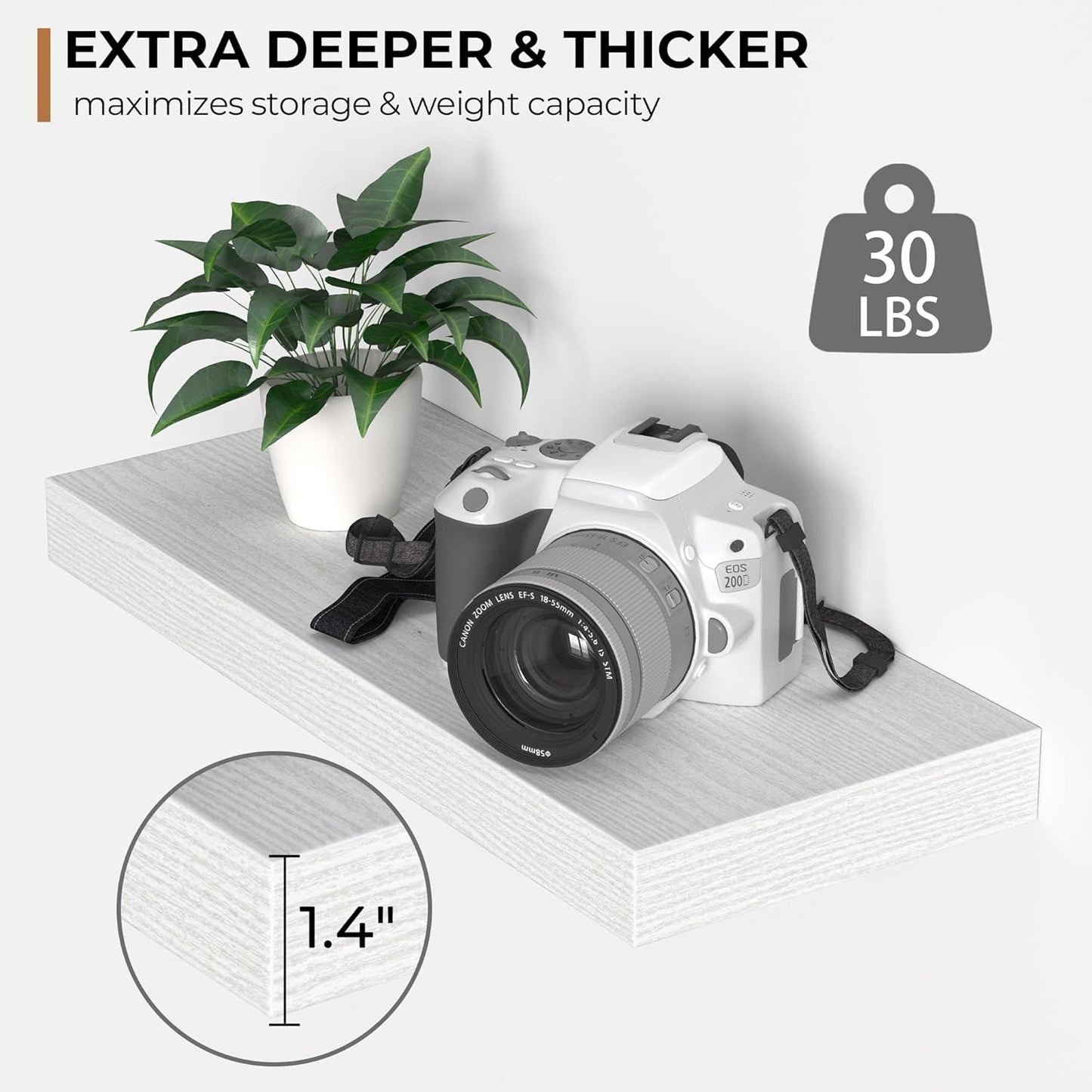 Fun Memories Floating Shelves - 16 Inch Rustic White Wall Shelf - Wall Mounted Shelves for Wall Decor Storage - Wooden Shelves with Invisible Brackets for Living Room, Bedroom, Kitchen, 2 Pack