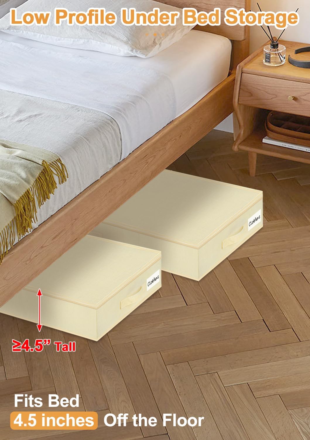 punemi 4.5 Inch Tall Low Profile Under Bed Storage Containers Bins, 2Pcs Shallow Flat Underbed Clothes Storage With Sturdy Structure Support, Under Couch & Sofa Storage For College Dorm Room, Beige