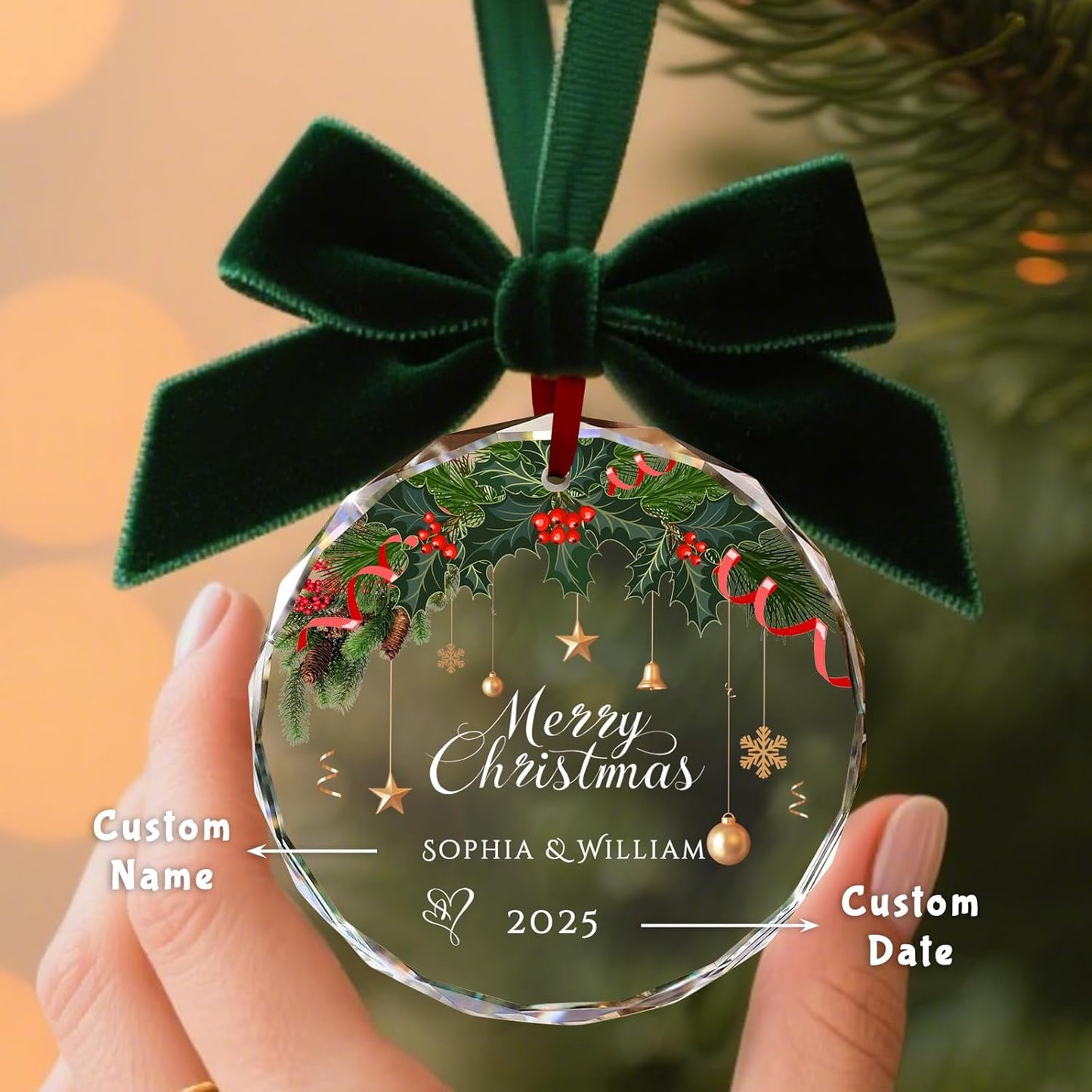 Custom Christmas Ornament Glass-Personalized Christmas Ornaments with Photo/Name/Date/Text,Wedding Christmas Birthday Baby Gifts (Color 6)