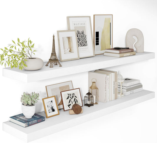 White Floating Shelves for Wall, 48 Inch X 12 Deep Shelves for Room Wall Mounted，2" Thick Heavy Duty Holds 75lbs Floating Shelf for Bedroom Bathroom Kitchen Laundry Room, Set of 2