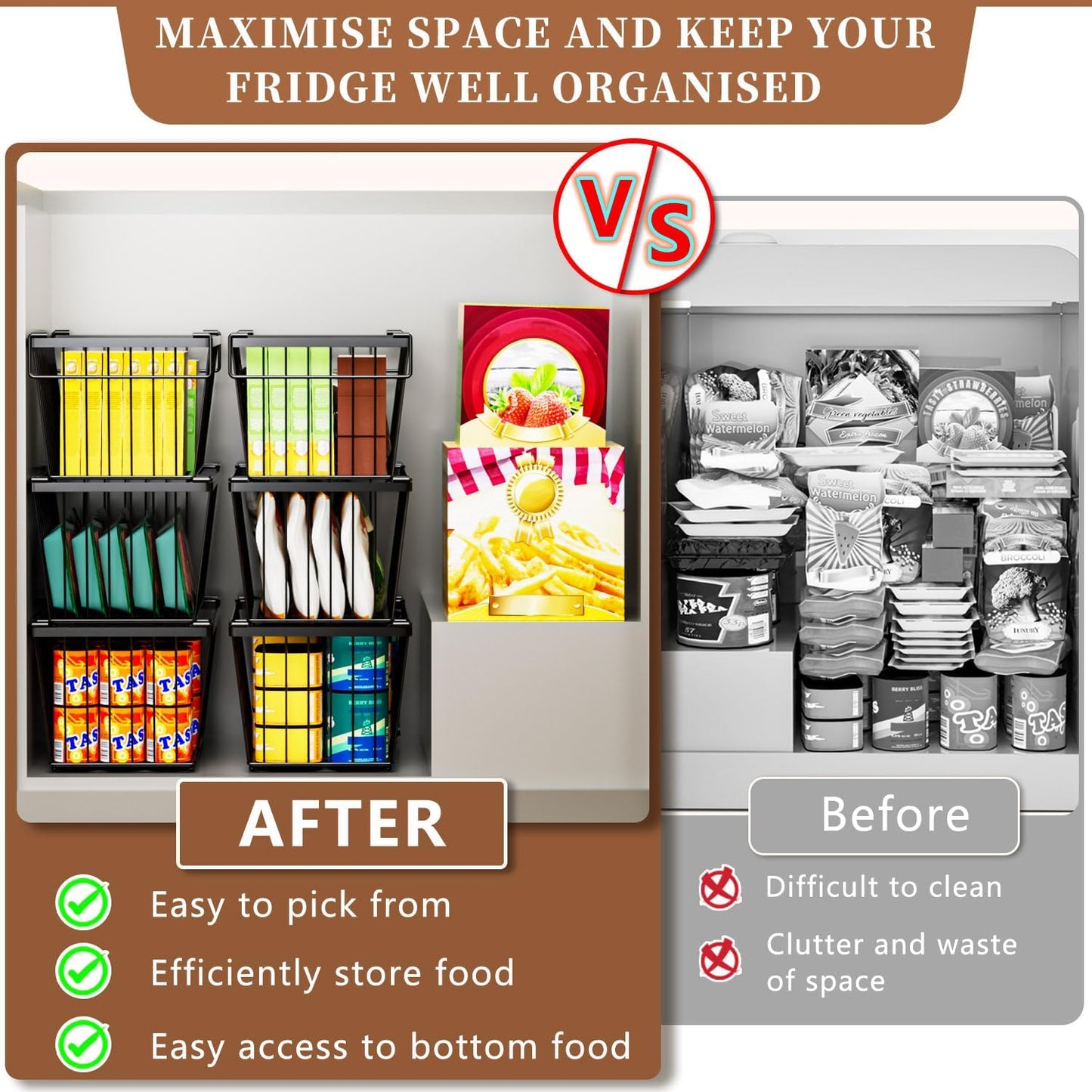 5 Pack Stackable Deep Freezer Organizer Bins ，Upgraded Bottom Leak-Proof net，Encryption and Hardening ， Freezer Organizer Bins for 5 to 7 Cu.FT Small Chest Freezer， Easy Get Bottom Foods