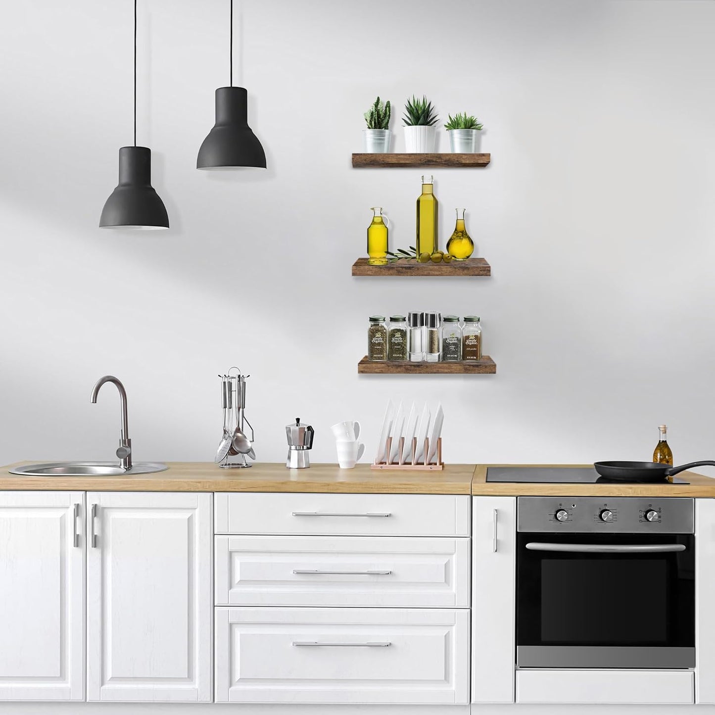 Sorbus Floating Shelves for Wall, Bathroom Shelves Wall Mounted for Kitchen, Bedroom, Bathroom Storage Over Toilet, Hanging Book Shelf for Wall Home Decor Living Room (Rustic Brown, 3 Pack)