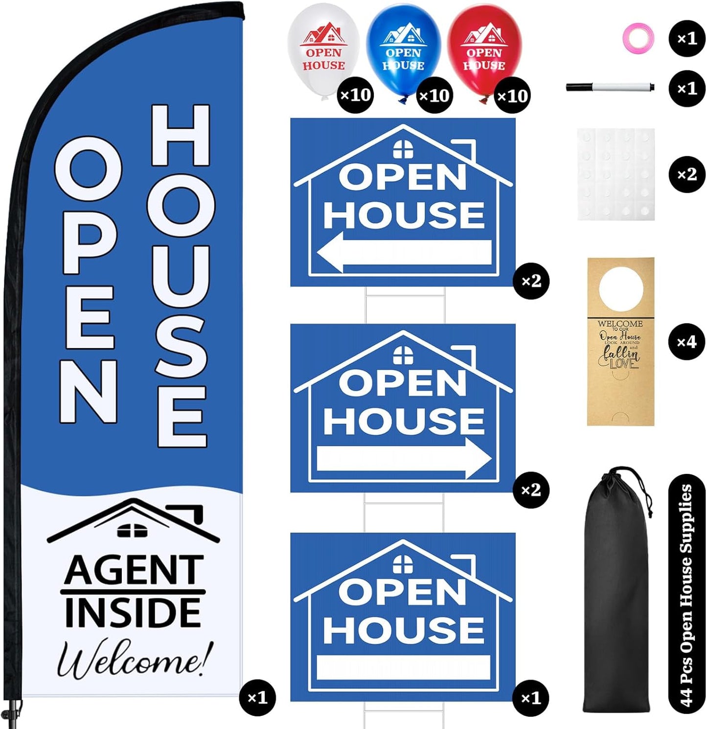 44 Pcs Open House Signs for Real Estate Agent Supplies, Double Sided Open House Flag Kit for Outside, 7.6 x 5.4 Ft Blue Banner Flag Poles Set with Directional Arrows Yard Sign Stakes Balloons