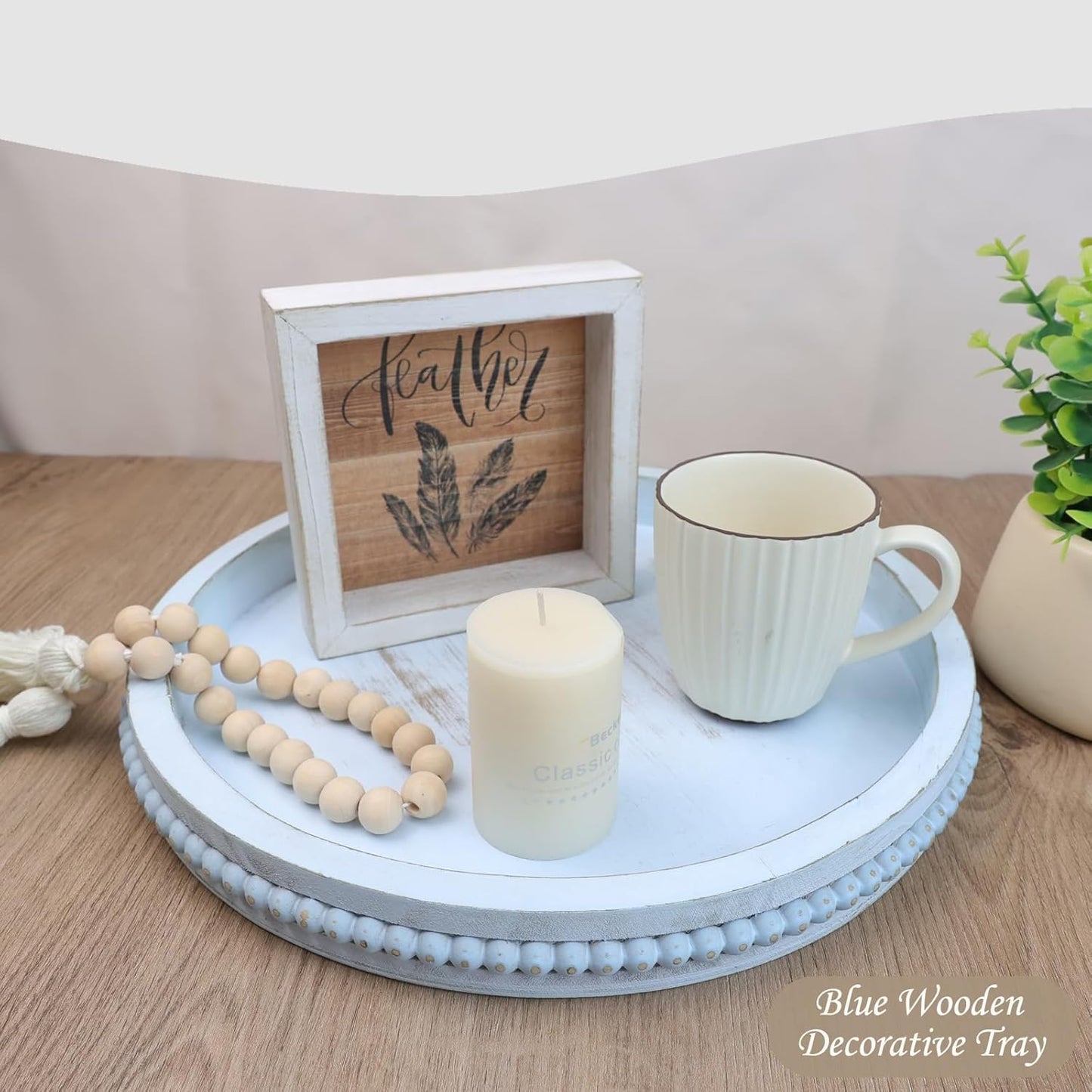 Round Wood Serving Tray with Beads, Blue Washed Wooden Decorative Tray for Entertaining, Decoration, and Gifting