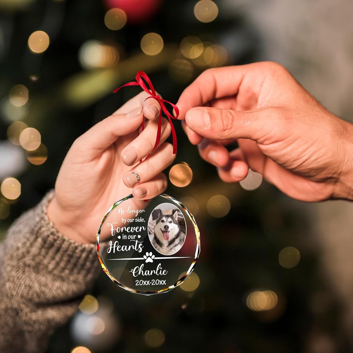 Personalized Memorial Pet Glass Ornament - Custom Picture Christmas Ornaments, Dog Forever in Our Hearts Hanging Ornament Xmas Tree Decor for Dog Lovers
