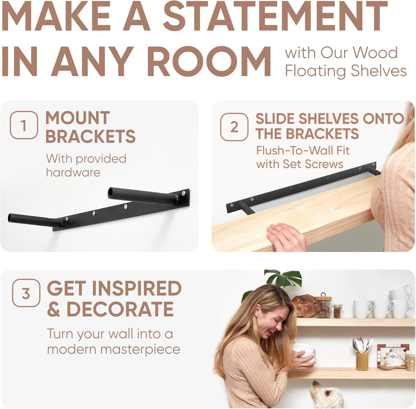 Homeforia 60 inch Wood Floating Shelf, High End Solid Natural Long Wood Shelf for Wall 60 inches, Unfinished Wooden 60inch Large Floating Shelves, Heavy Duty Bracket, 60 X 6.5 X 1.75 in, Set of 2